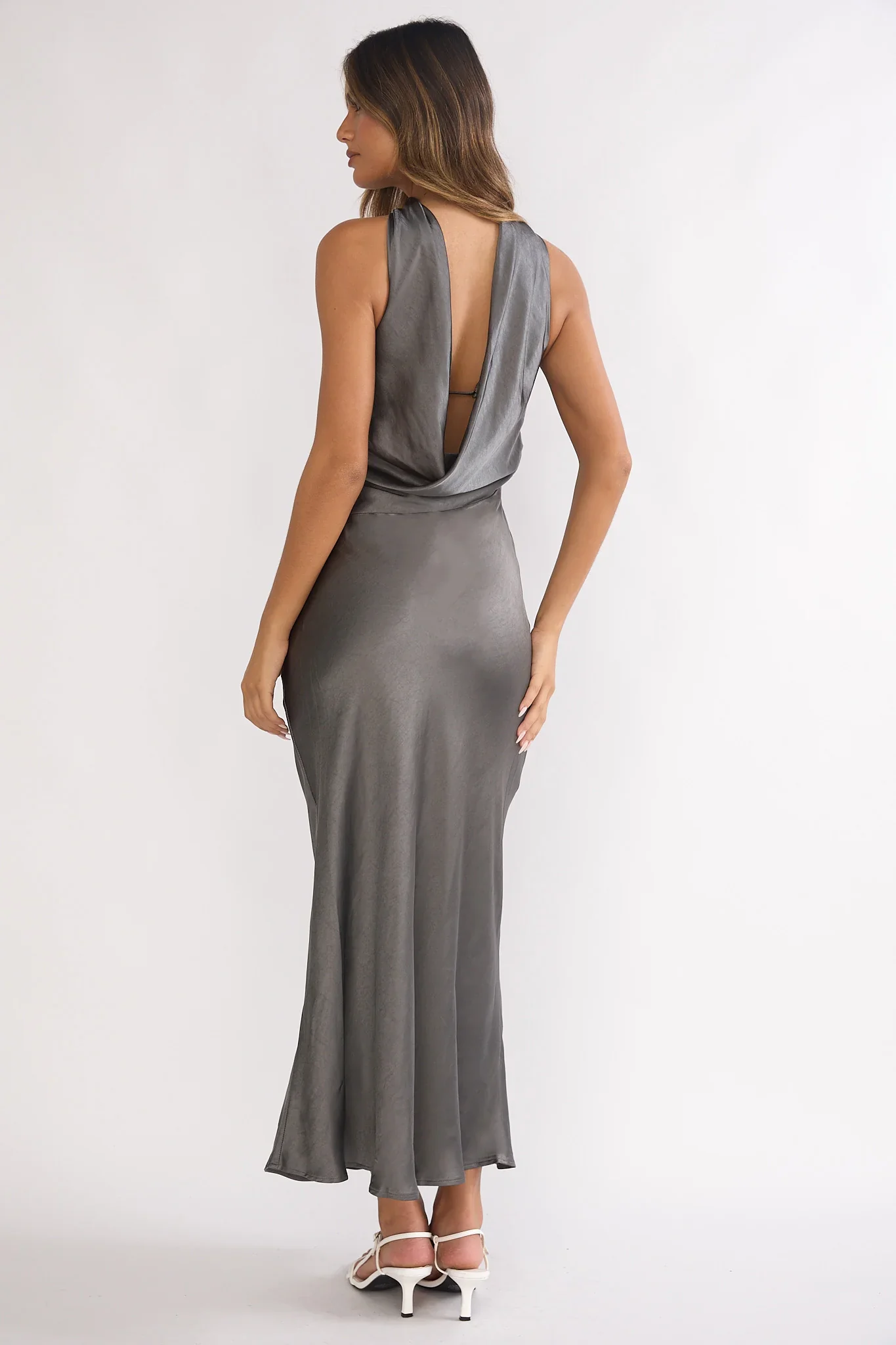 Damsel Reverse Halter Maxi Dress Satin Charcoal
