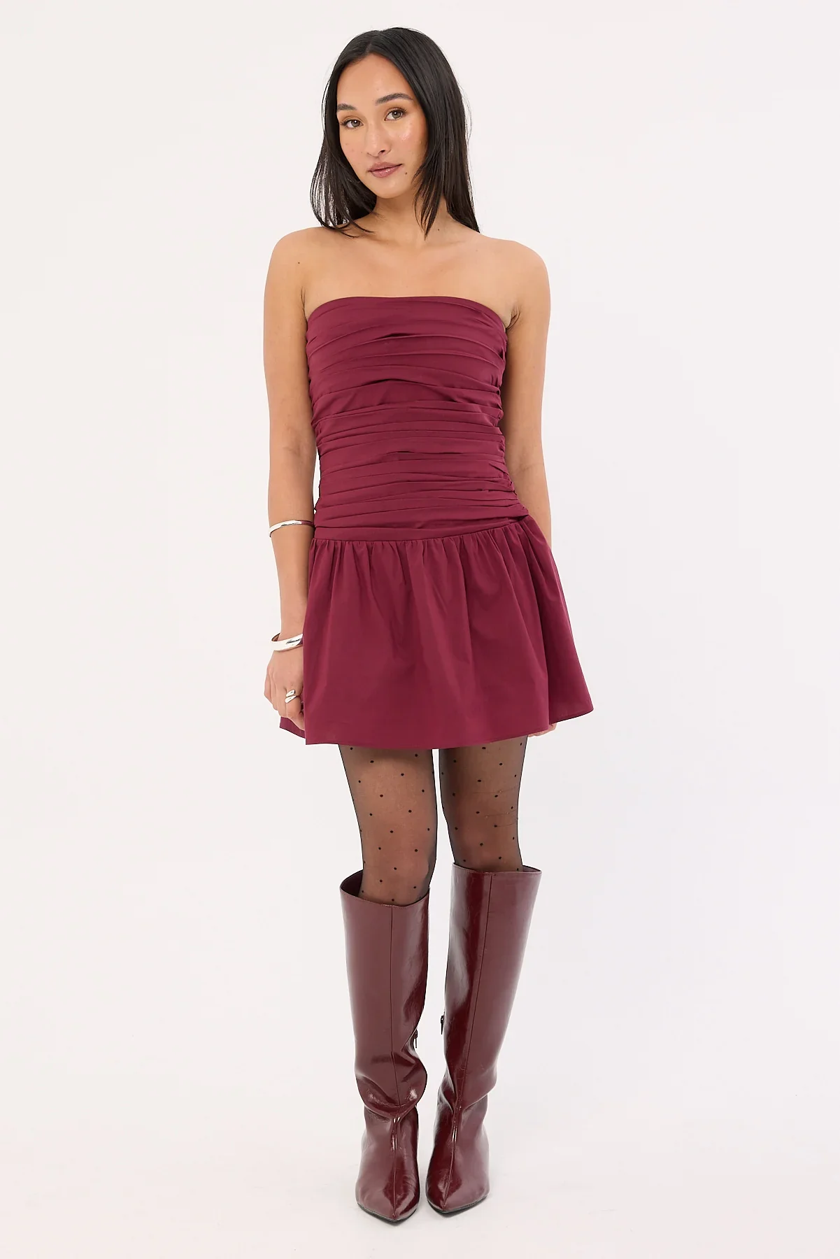 Luck & Trouble Strapless Drop Waist Mini Dress Burgundy