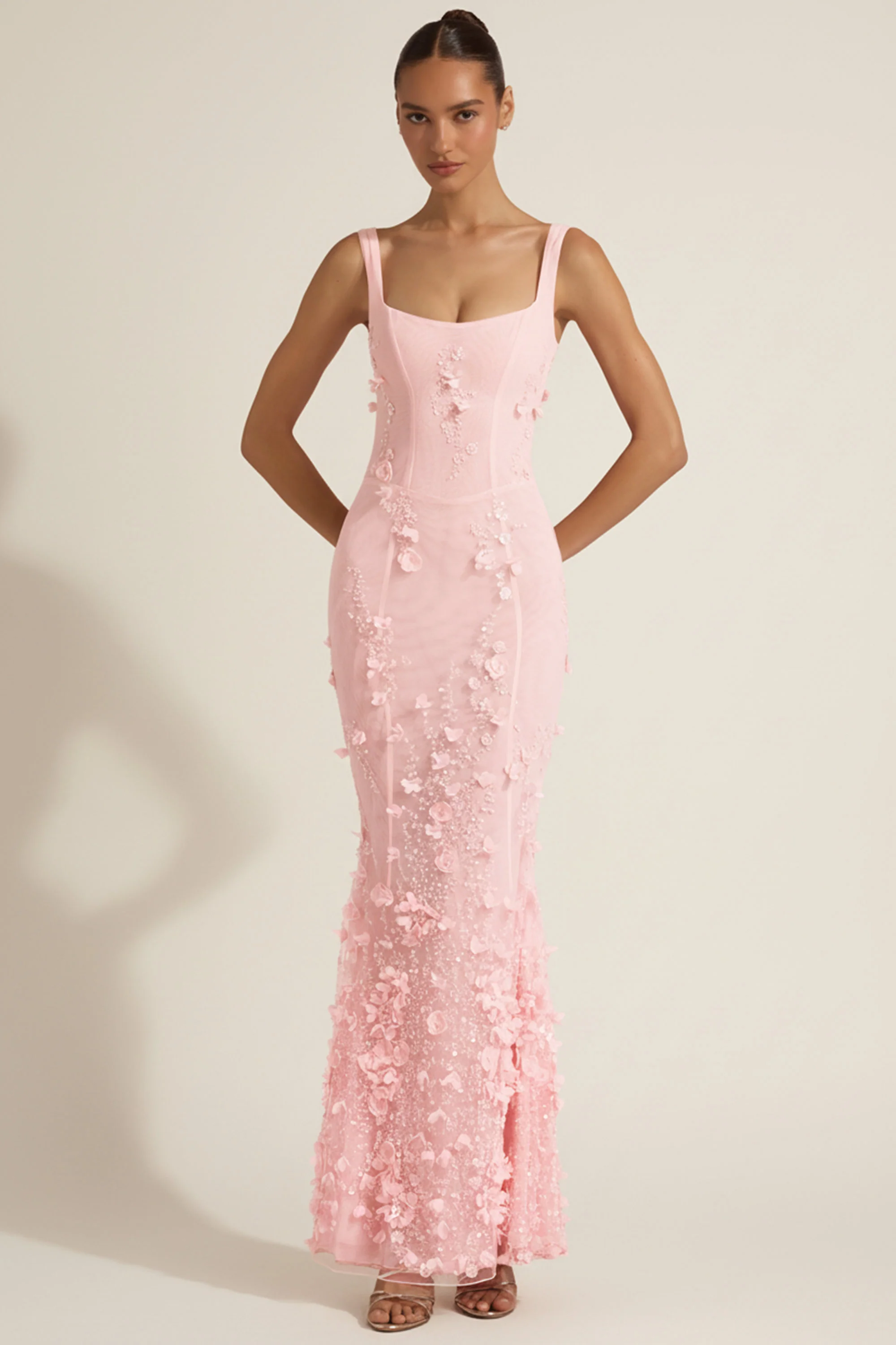 Embellished Appliqué Soft-Scoop Corset Gown in Pink