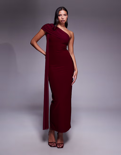 Kaiia Exclusive double layered slinky mesh one-shoulder drape detail maxi dress in wine