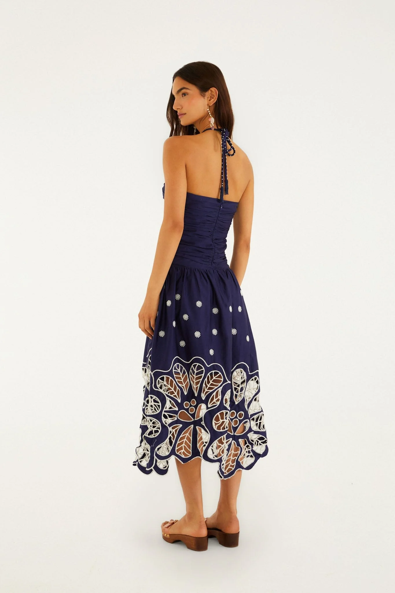 Navy Blue Embroidered Richelieu Midi Dress