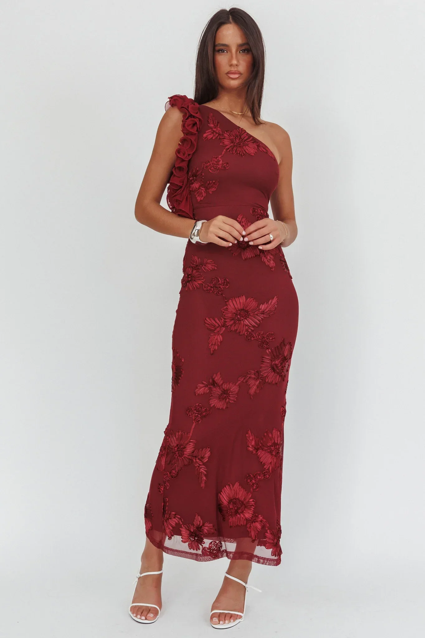 Deanna One-Shoulder Ruffle Maxi Dress Floral Texture Wine