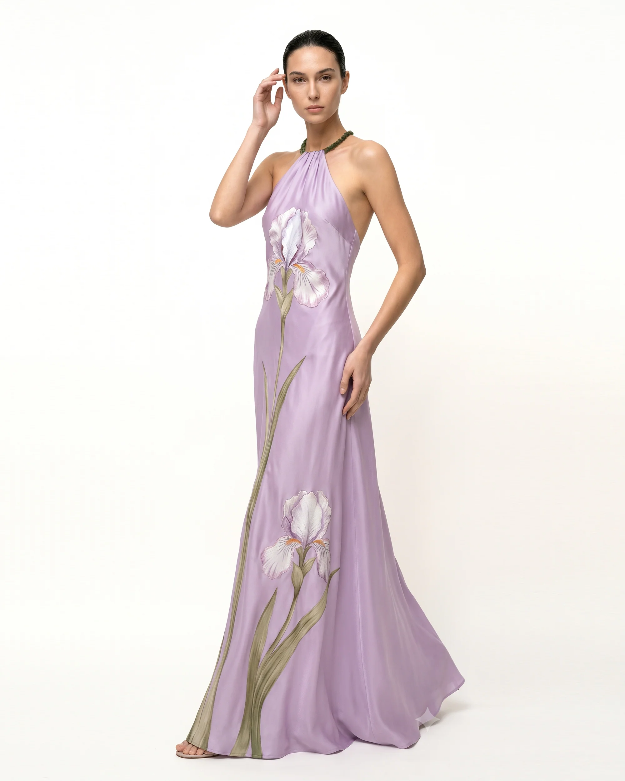 Iris Floral Print Halter Maxi Dress - Lavender - FASHION NOB