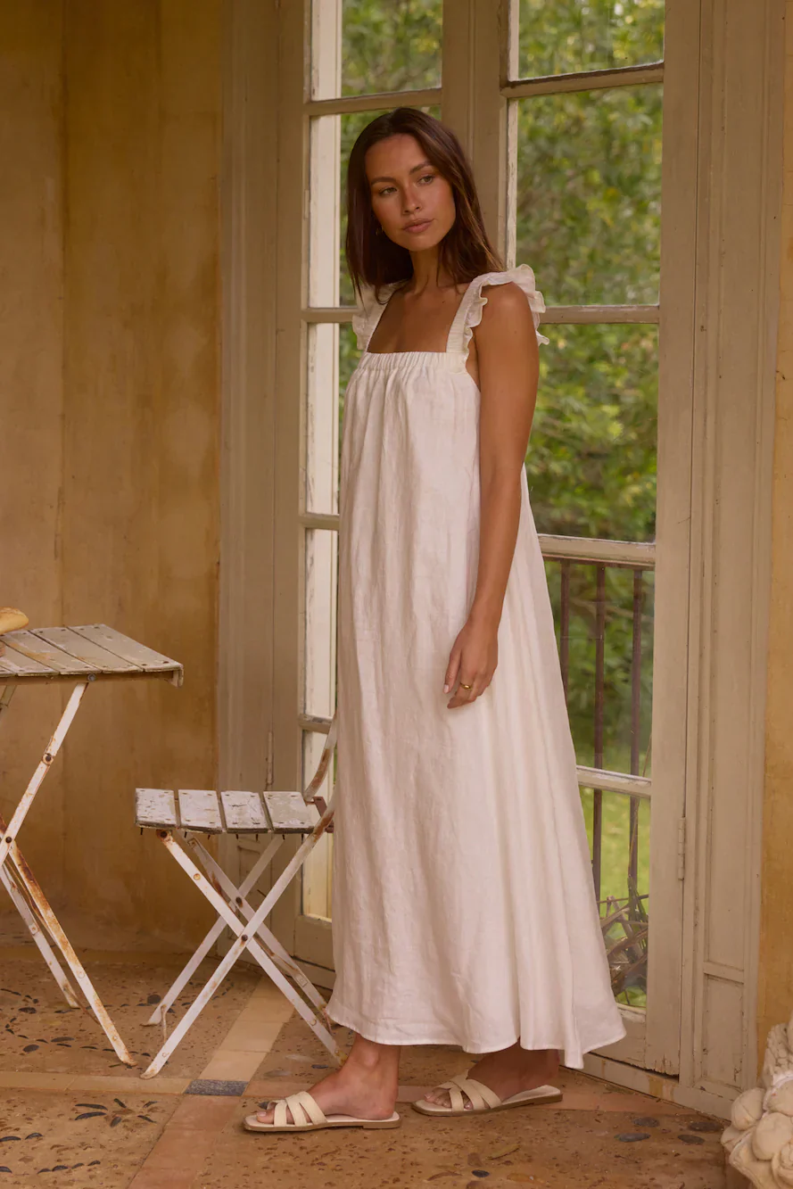Lily 100% Linen Maxi Dress White - luluinthesky