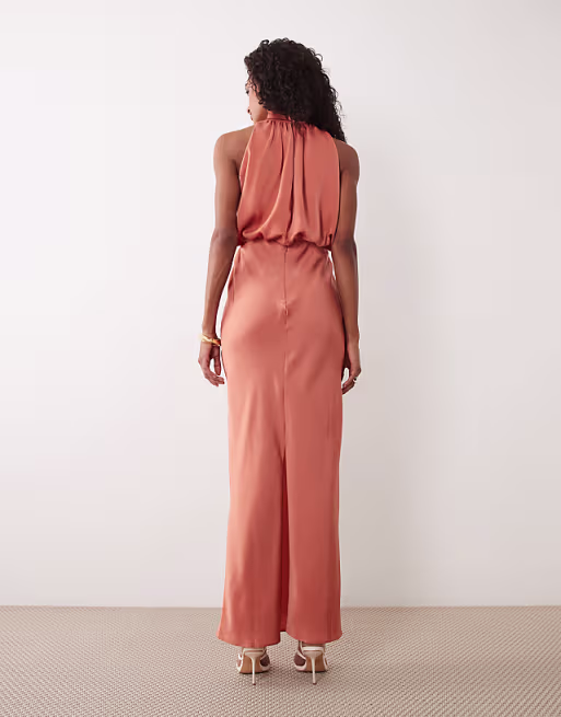halter neck blouson satin maxi dress in copper