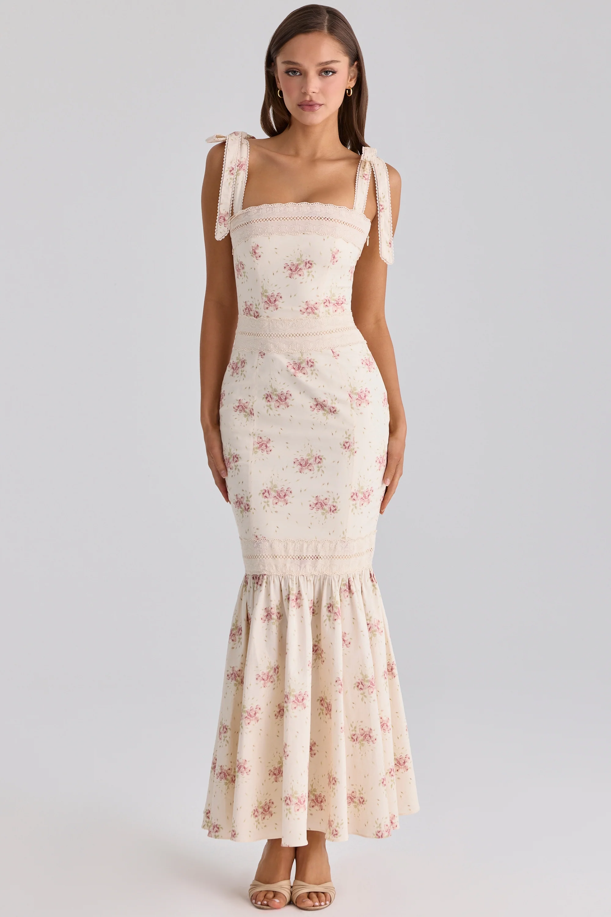 Ivory Vintage Rose Print Cotton + Lace Maxi Dress