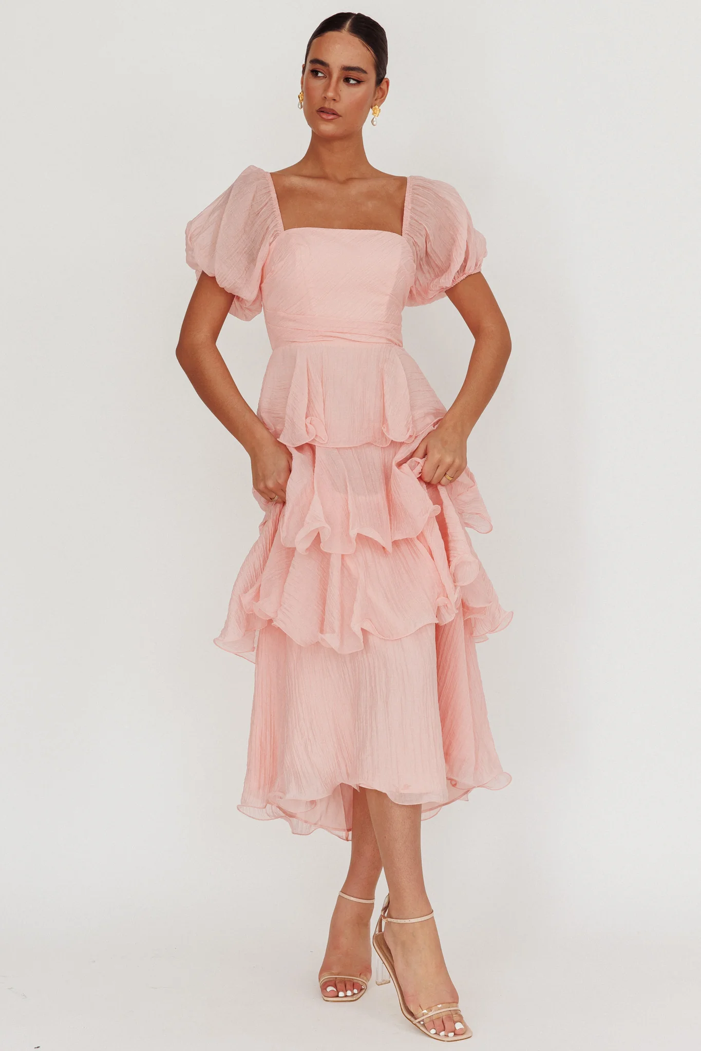 Giavana Puff Sleeve Layered Maxi Dress Baby Pink