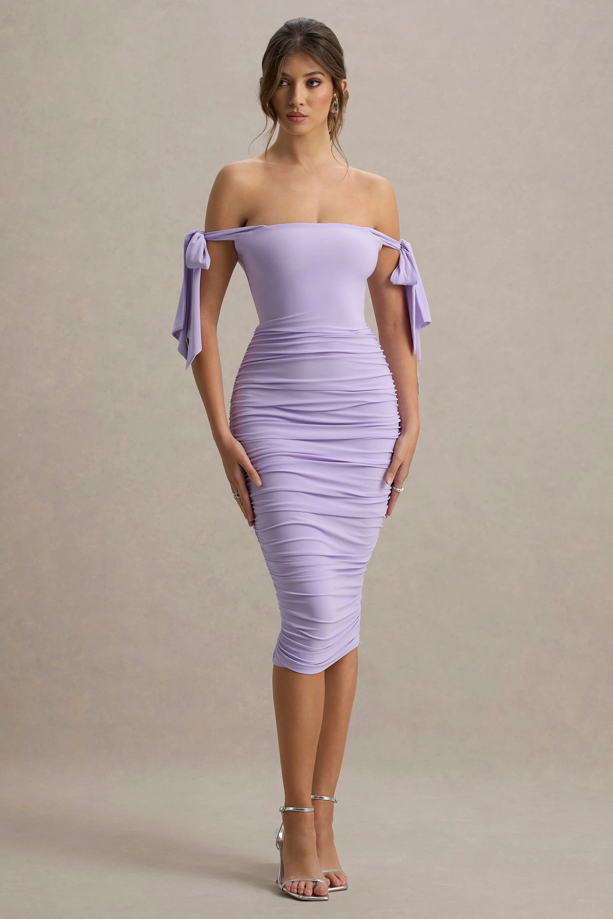 Citrus | Lilac Bardot Bodycon Midi Dress With Bow Sleeves