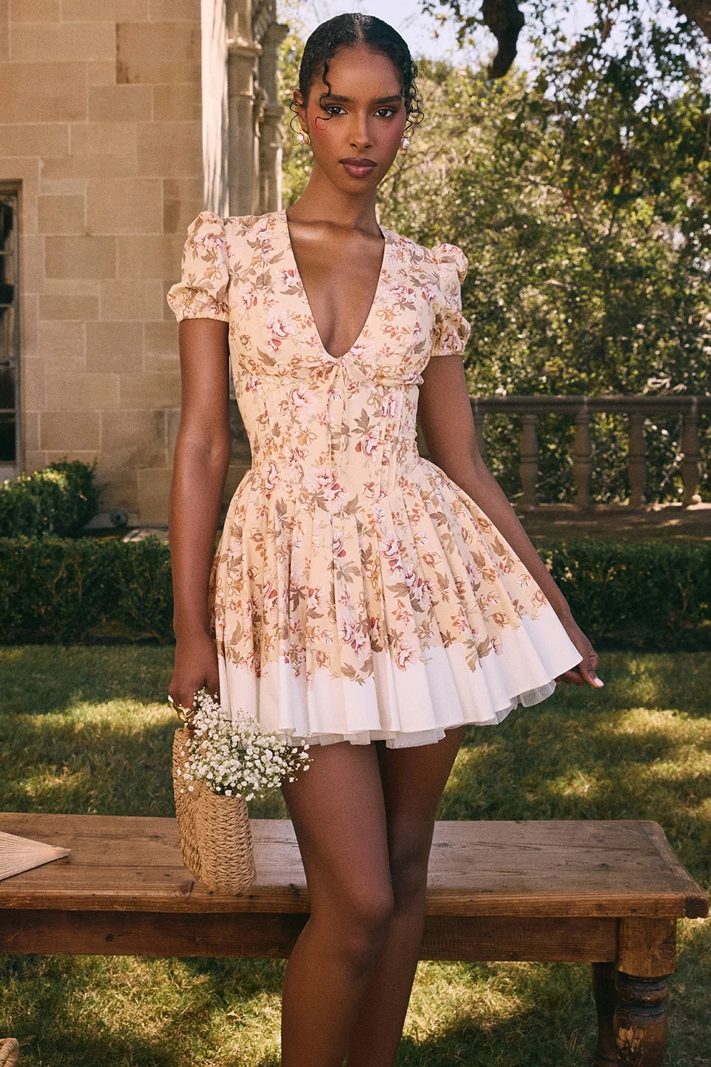 honeyflower print pleated cotton mini dress