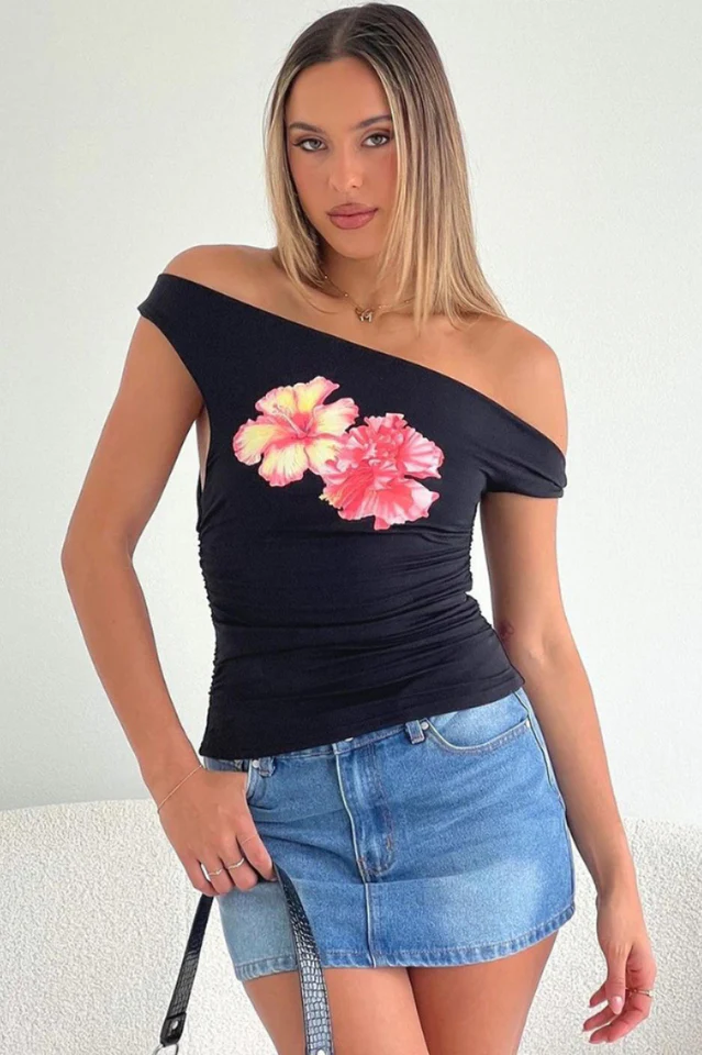 Twist Off Shoulder Graphic Top