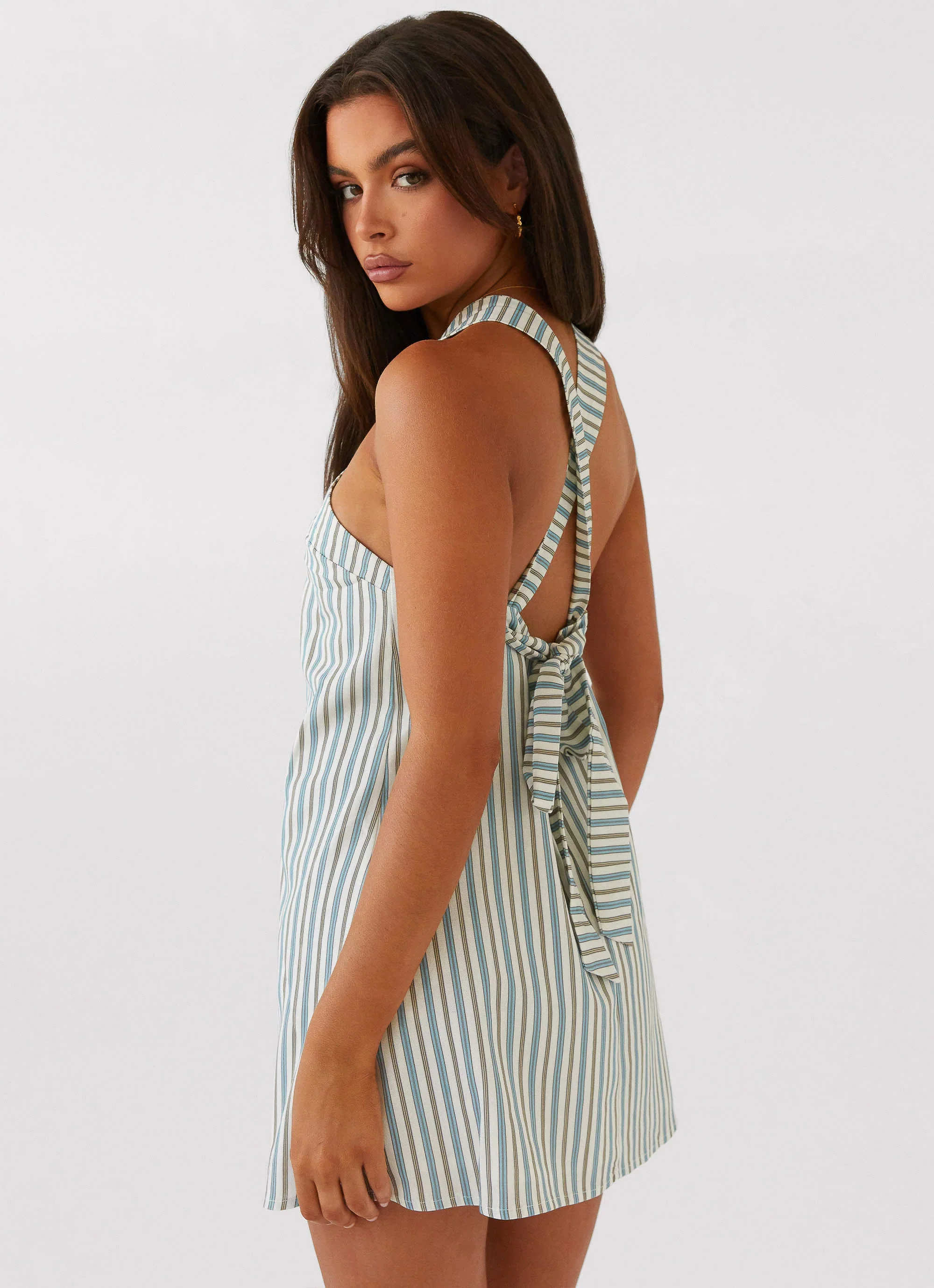 Keira Linen Mini Dress - Blue Choc Stripe - luluinthesky
