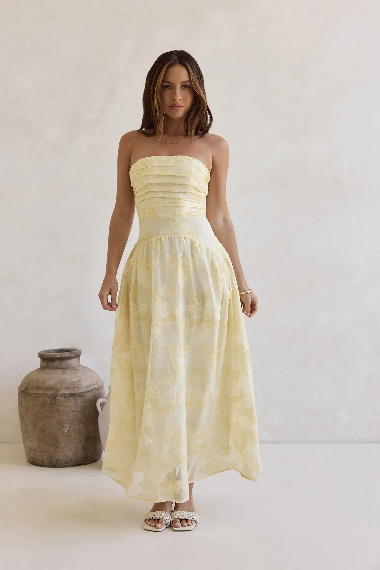 Cloud Kissed Paths Strapless Maxi Dress Yellow - luluinthesky