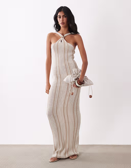crochet knit halter maxi dress with trim in striped print