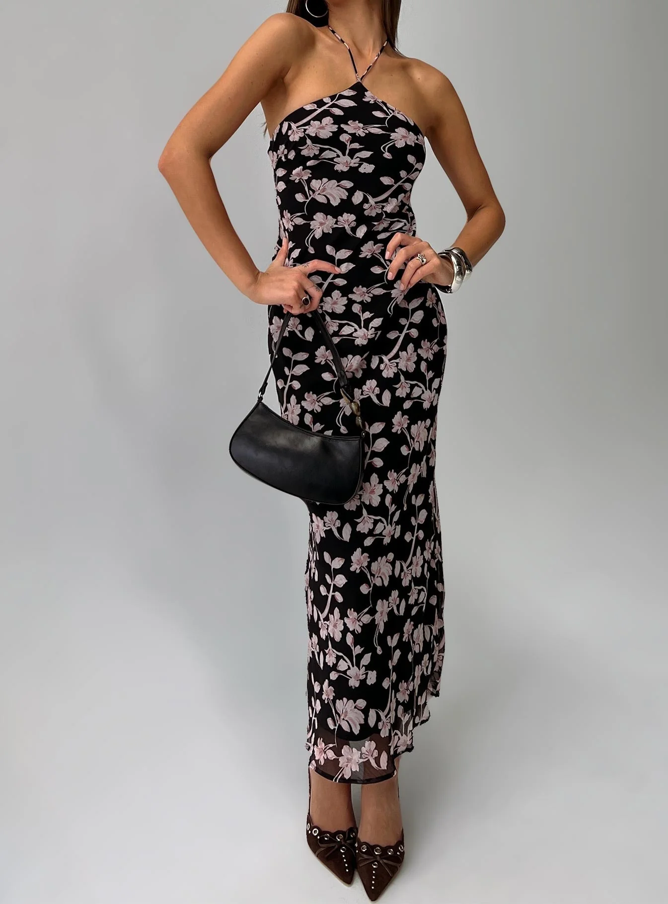 Anisa Halter Maxi Dress Black Floral