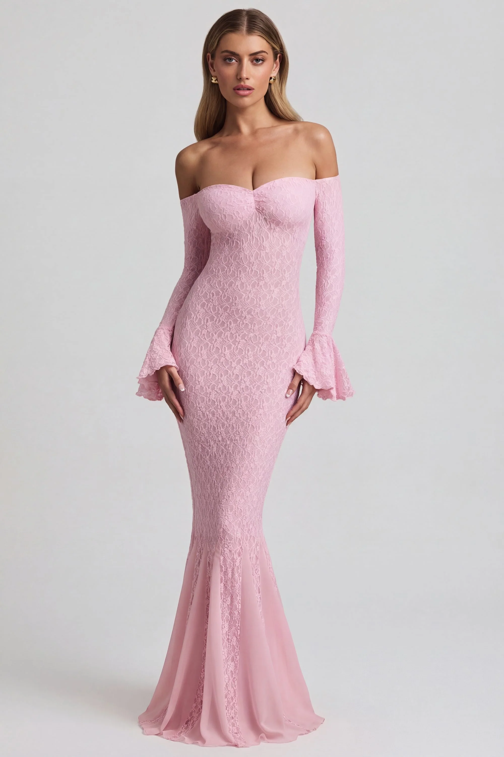 Off-Shoulder Ruffle Lace Maxi Dress in Soft Pink