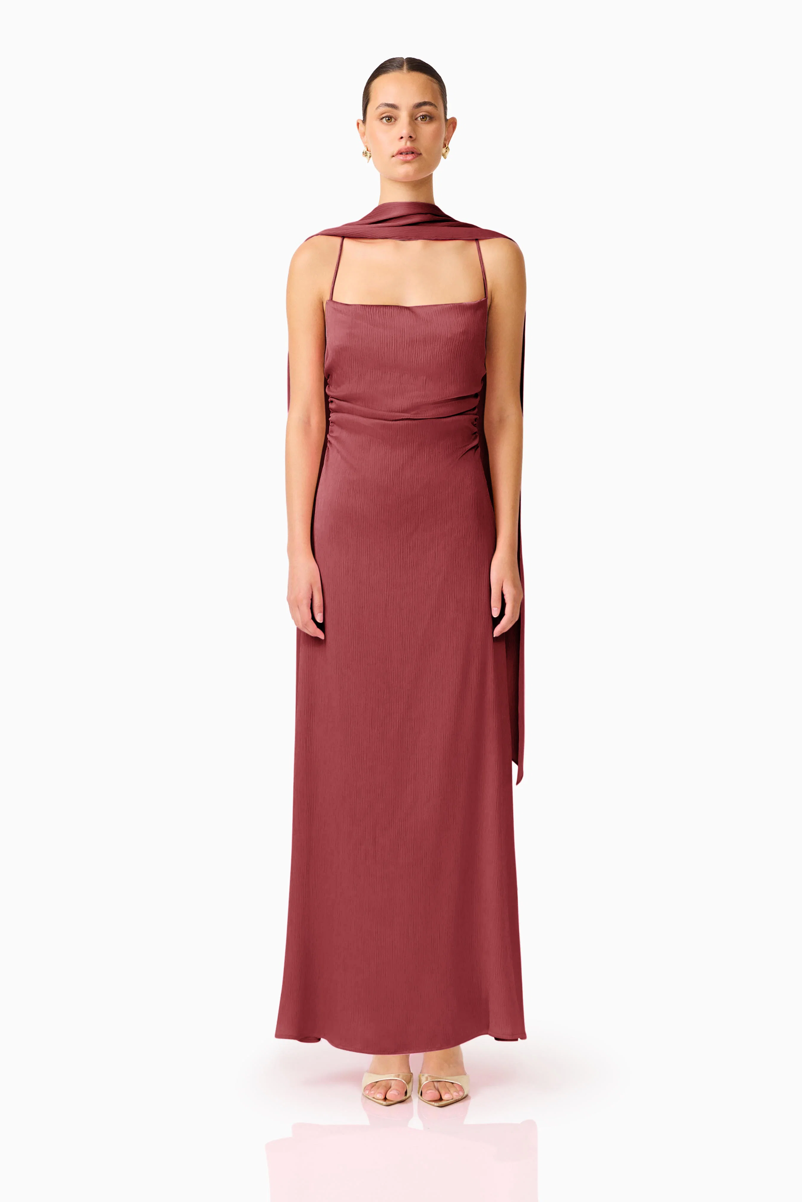 Calista Neck Scarf Gown in Burgundy