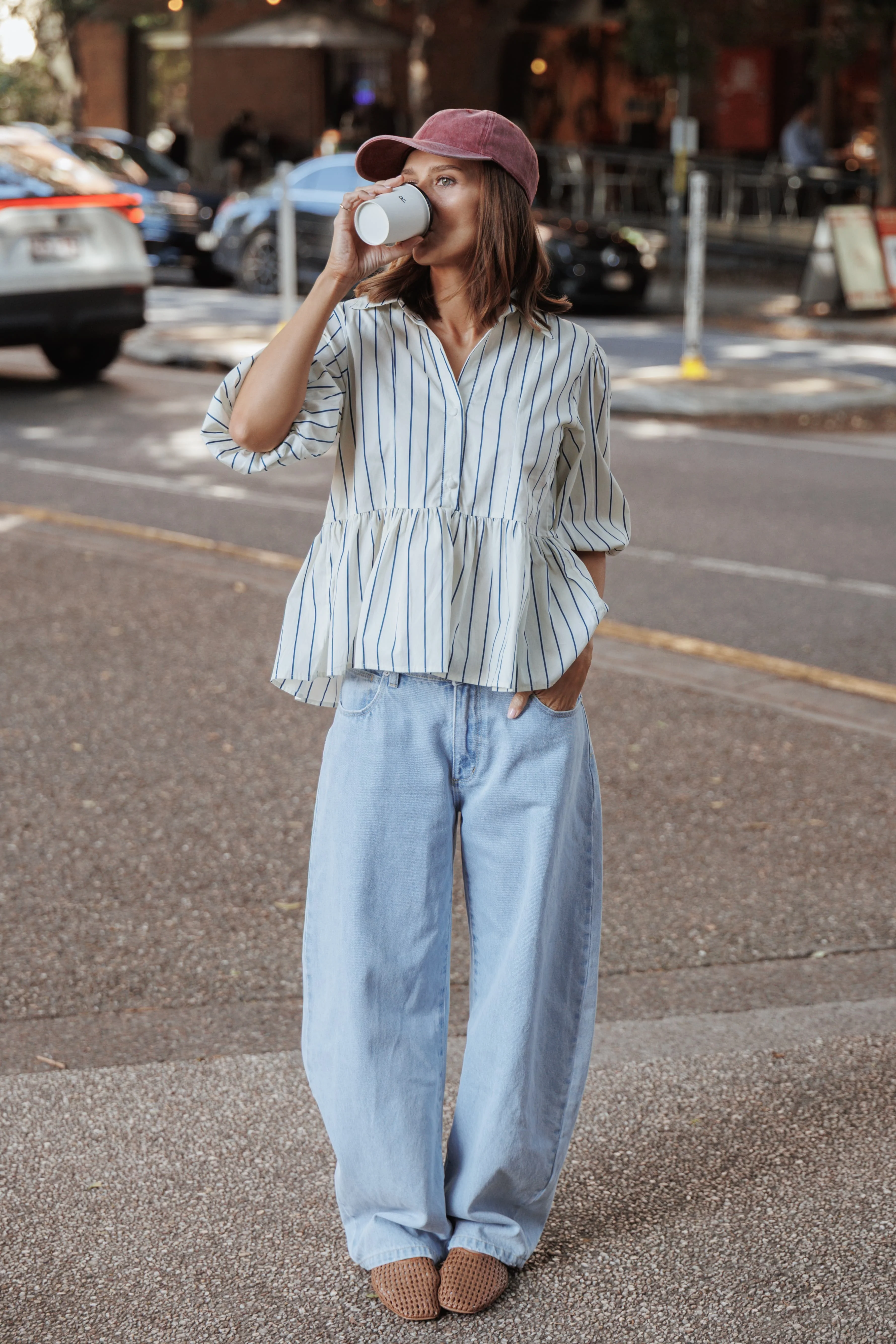 Thomas Short Sleeve Peplum Top - Yellow/Blue Stripe