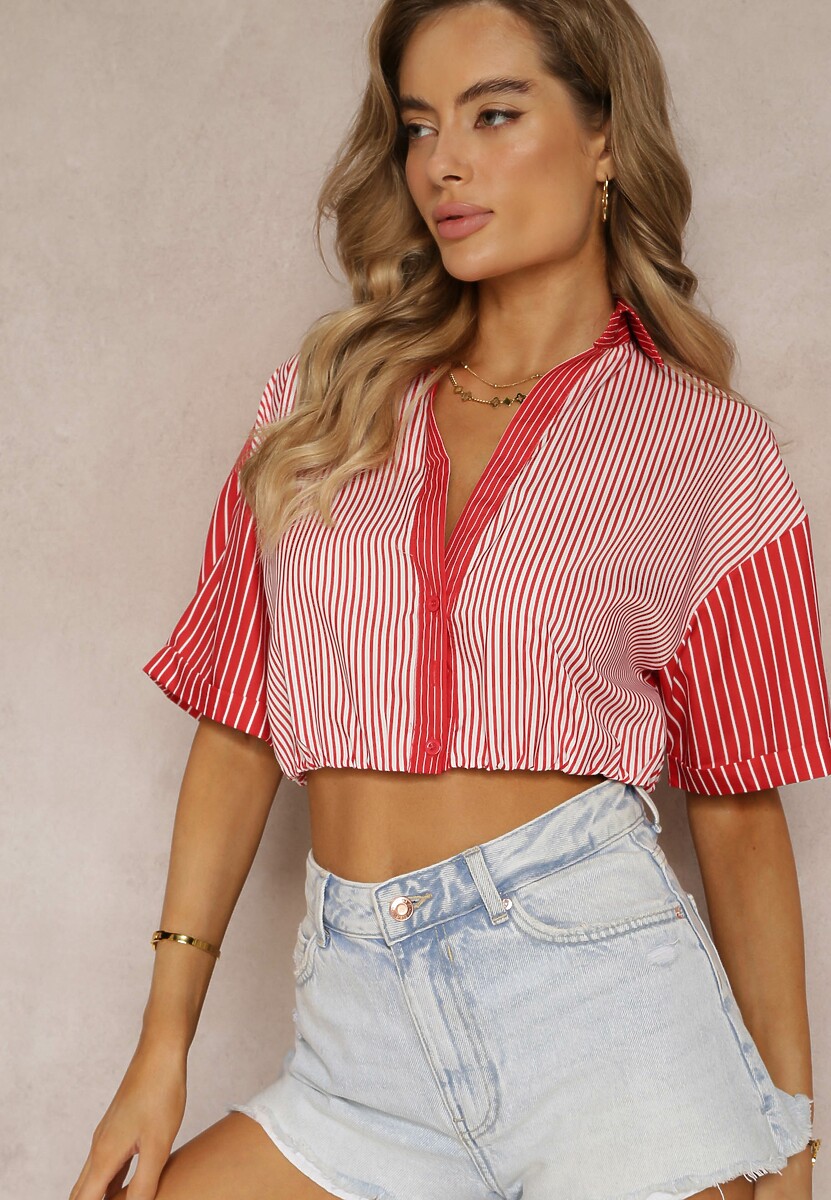 Czarna Bluzka Krótka w Stylu Retro na Guziki Ozdobiona Paskami Fito