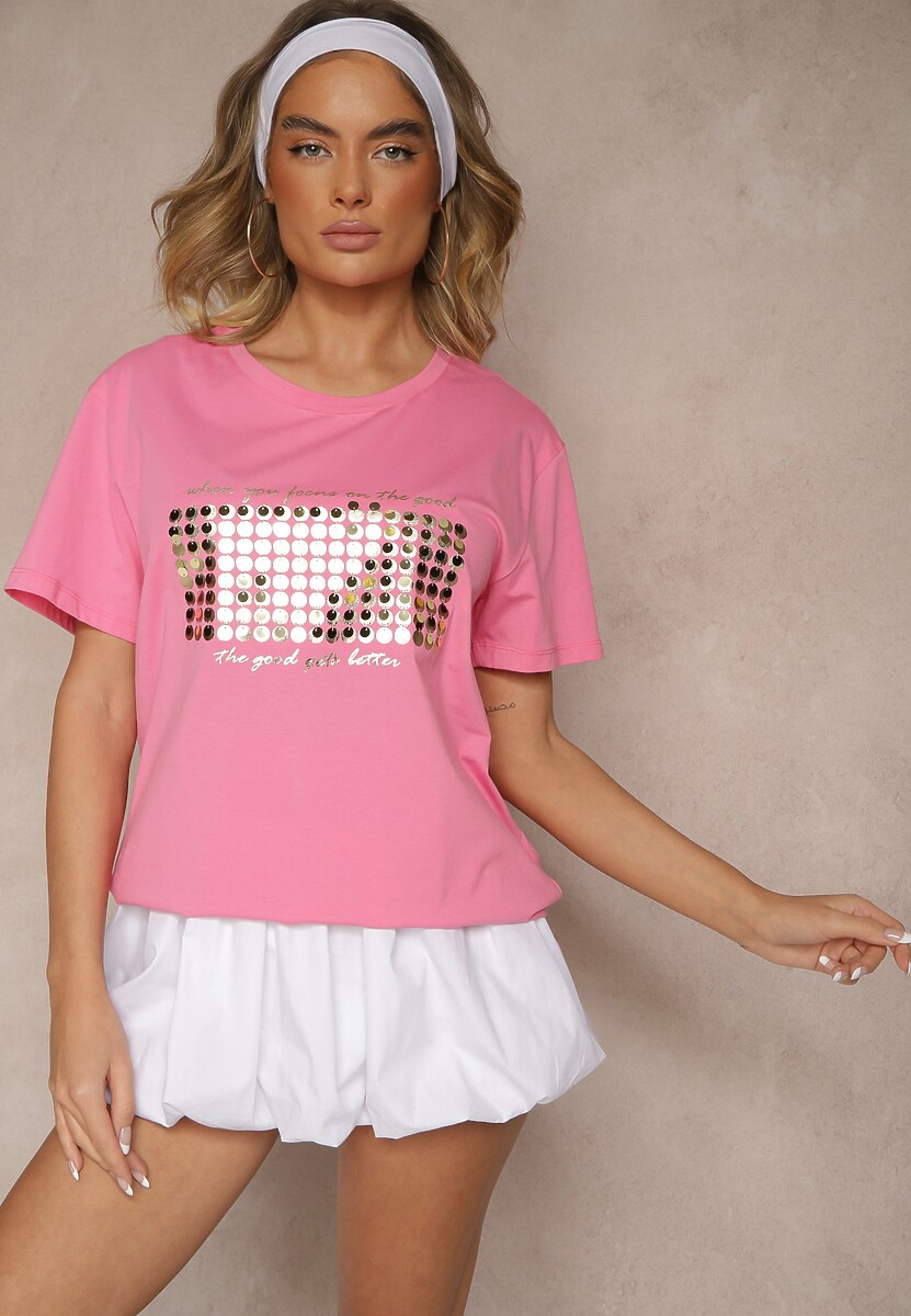 Różowy T-shirt z Bawełny z Naszytymi Cekinami Avenelli