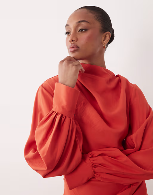 Tall high neck draped maxi dress with draped skirt in orange