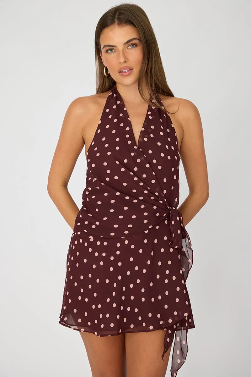 Red Polka Dot Wrap Dress Halter Neck Mini