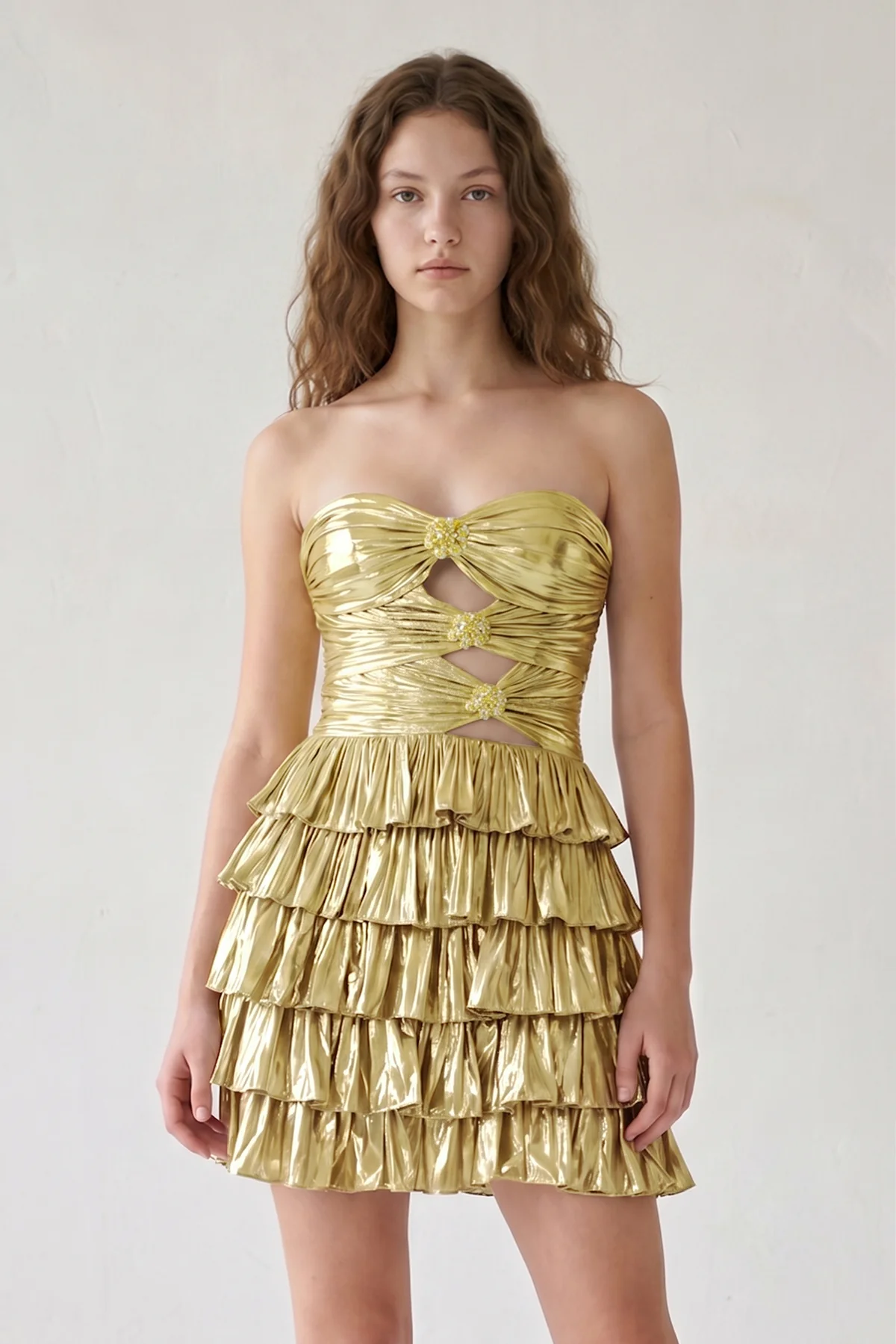 Gold Strapless A Line Metallic Tiered Homecoming Dress With Beading