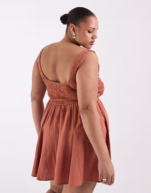 Curve Selina beach textured cotton shirred mini sundress in ginger