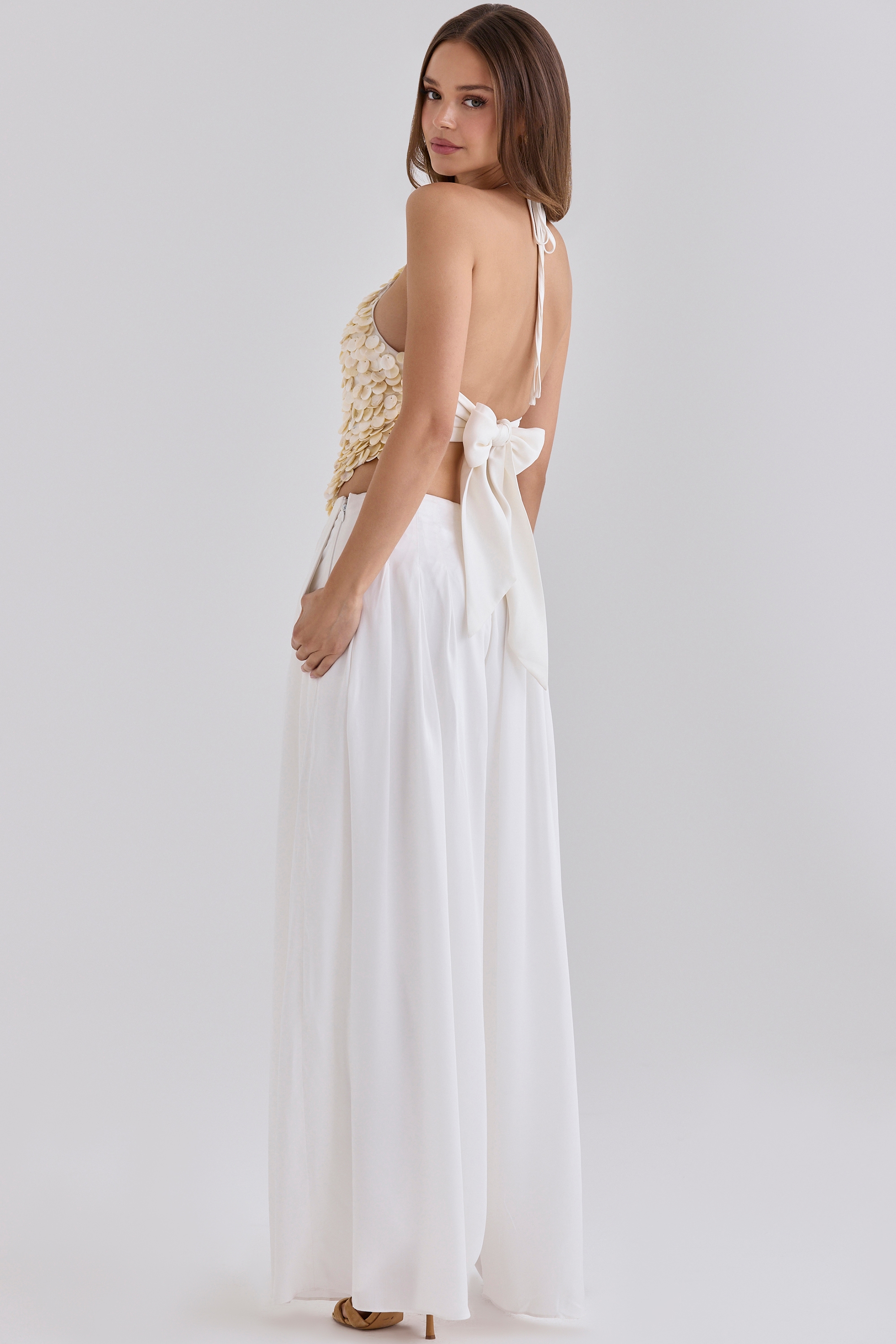 White Sateen Pleated Wide Leg Trousers