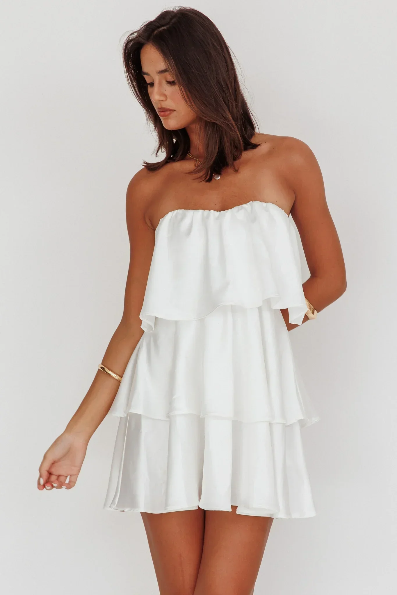 Behati Tiered Layer Strapless Dress White - luluinthesky