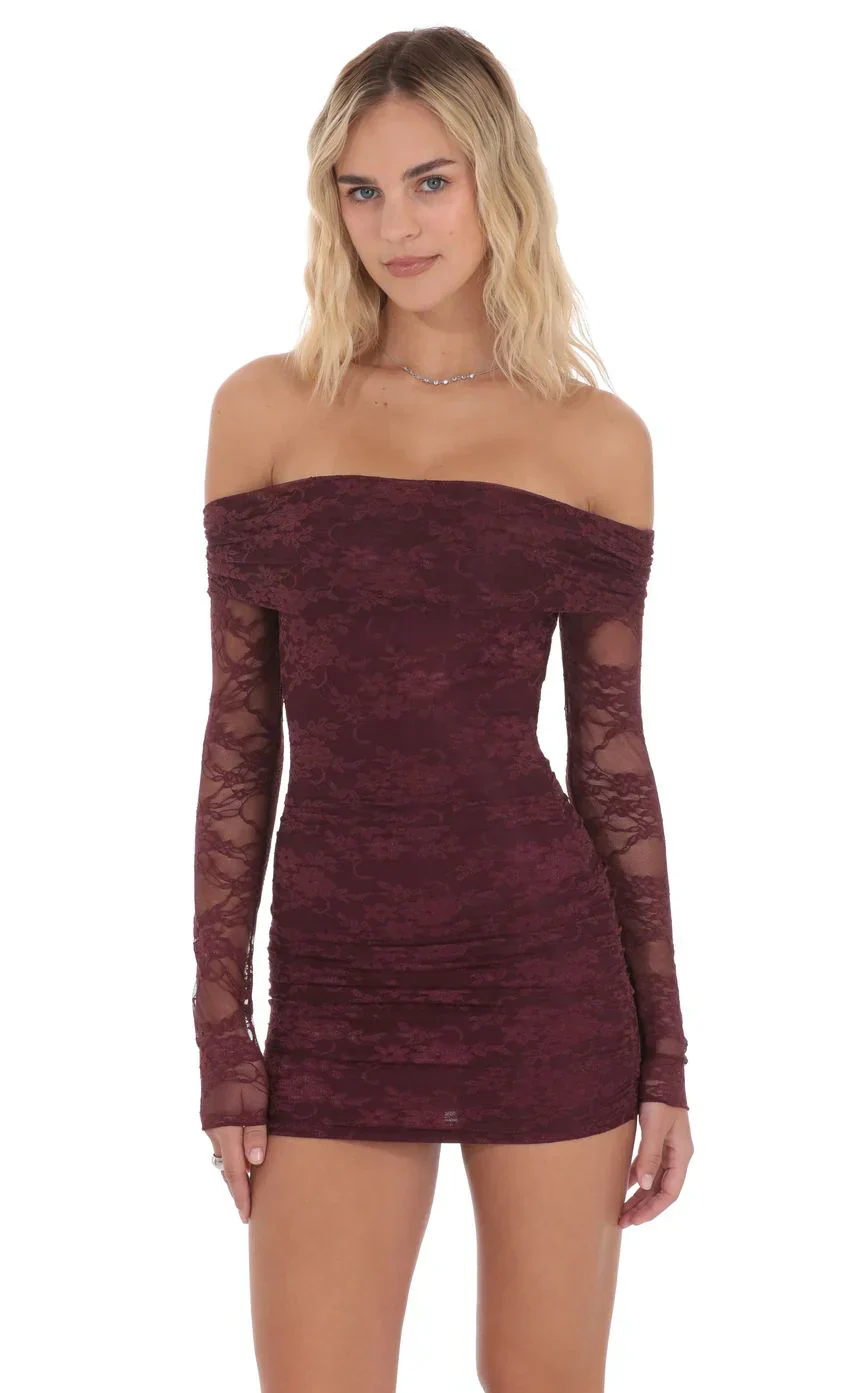 Off Shoulder Long Sleeve Lace Dress In Burgundy