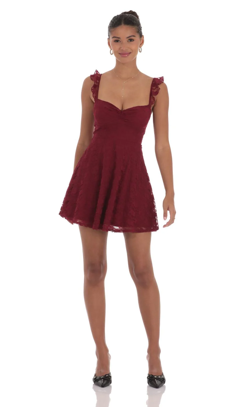 Lace Ruffle Strap A-Line Dress in Burgundy - luluinthesky