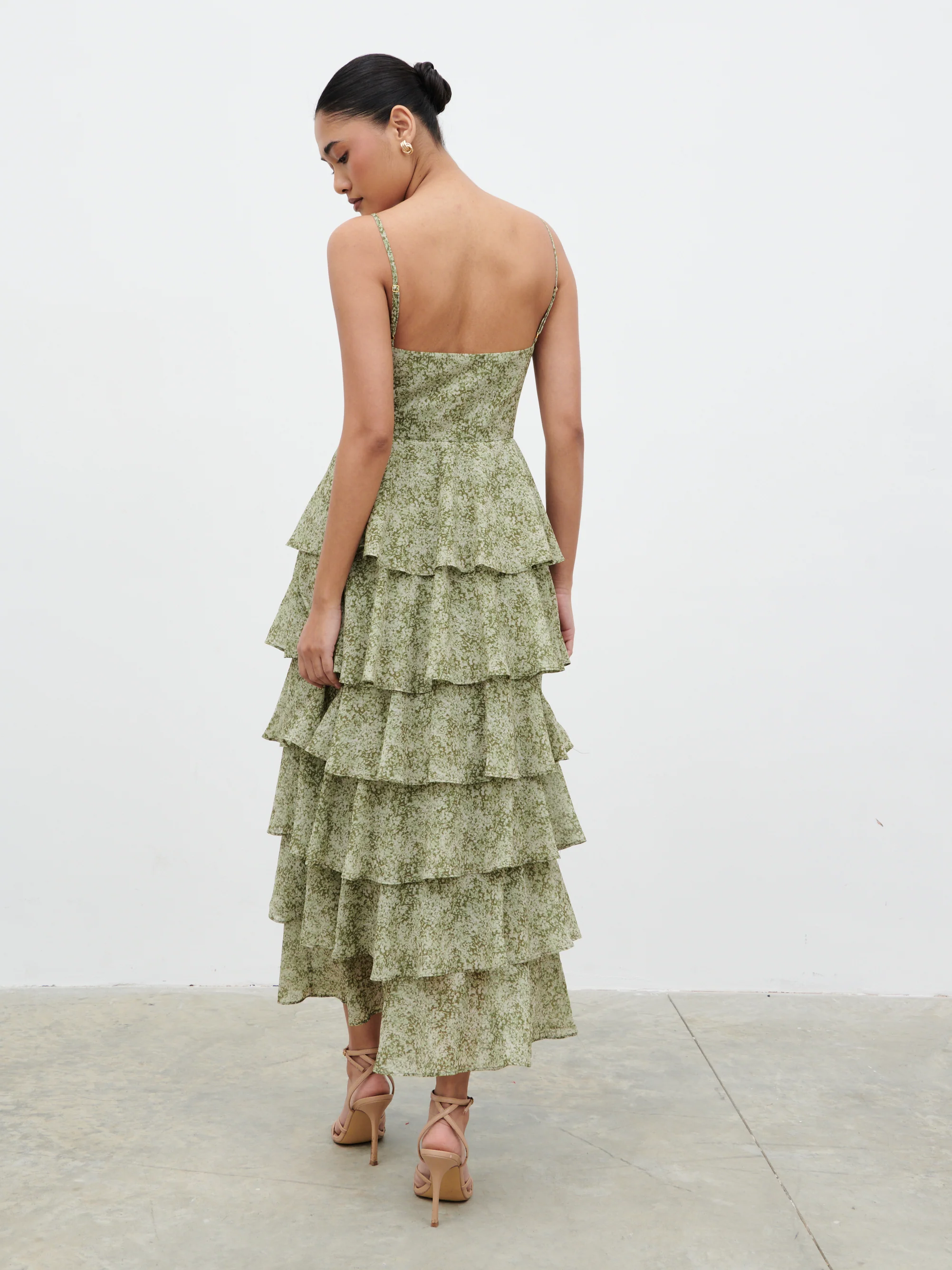 Lissy Ruffle Midaxi Dress - Green Abstract Print