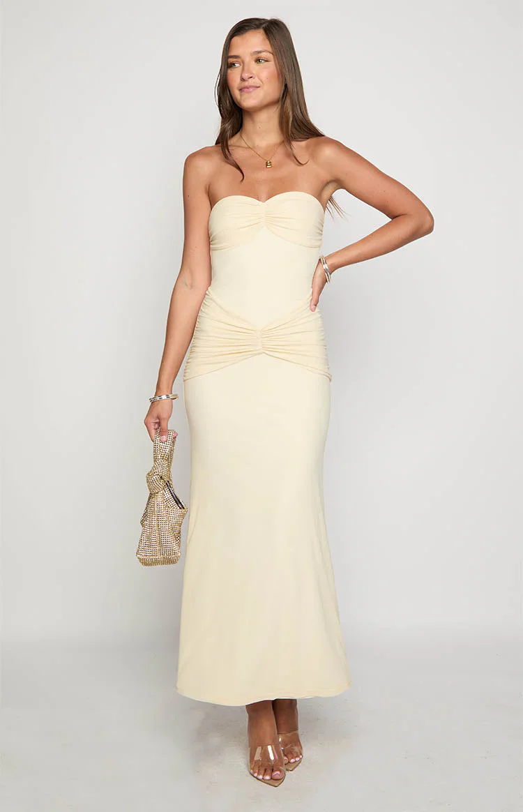 Krissy Cream Mesh Strapless Maxi Dress
