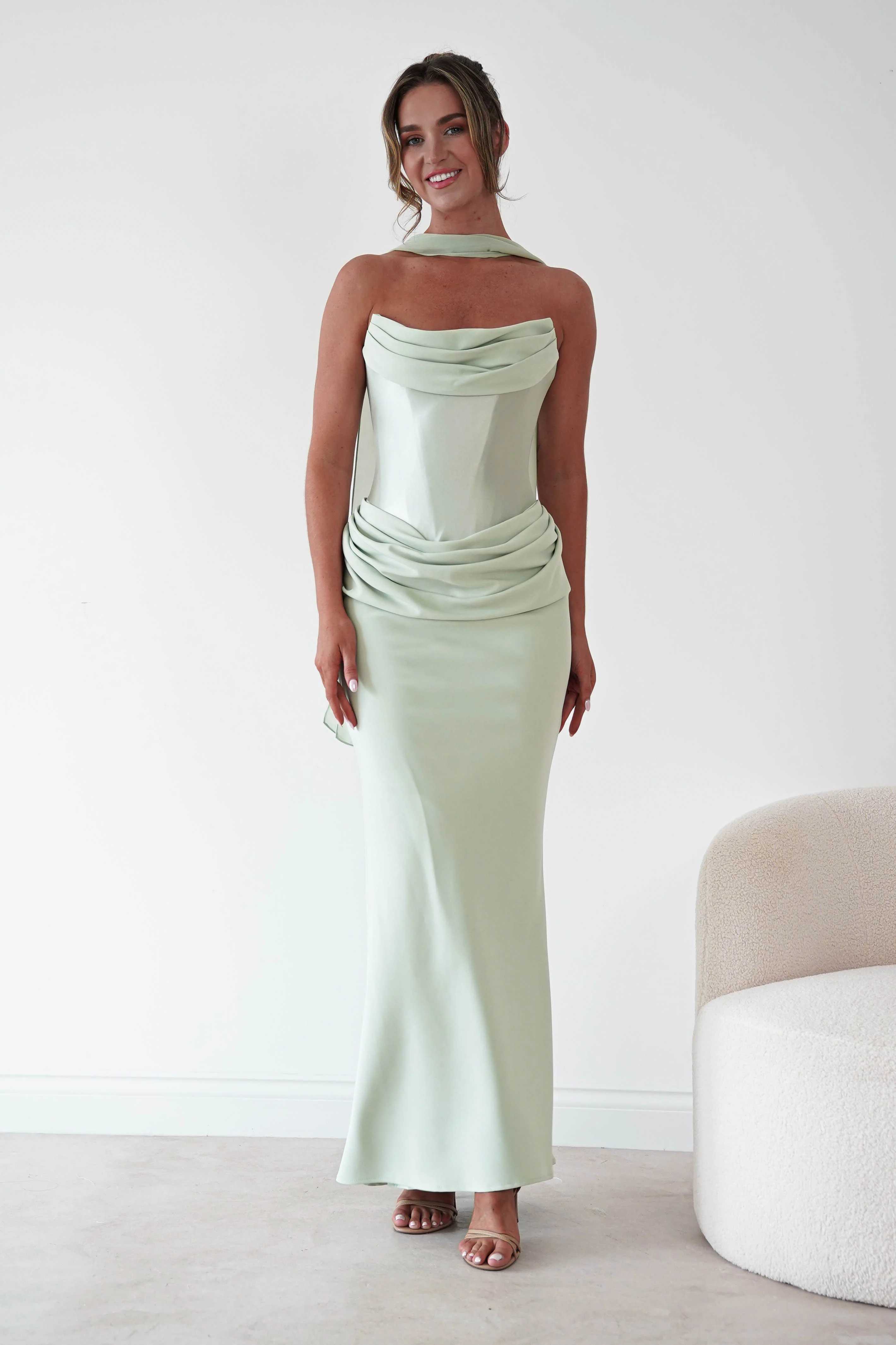 Kailani Strapless Ruched Maxi Dress | Sage
