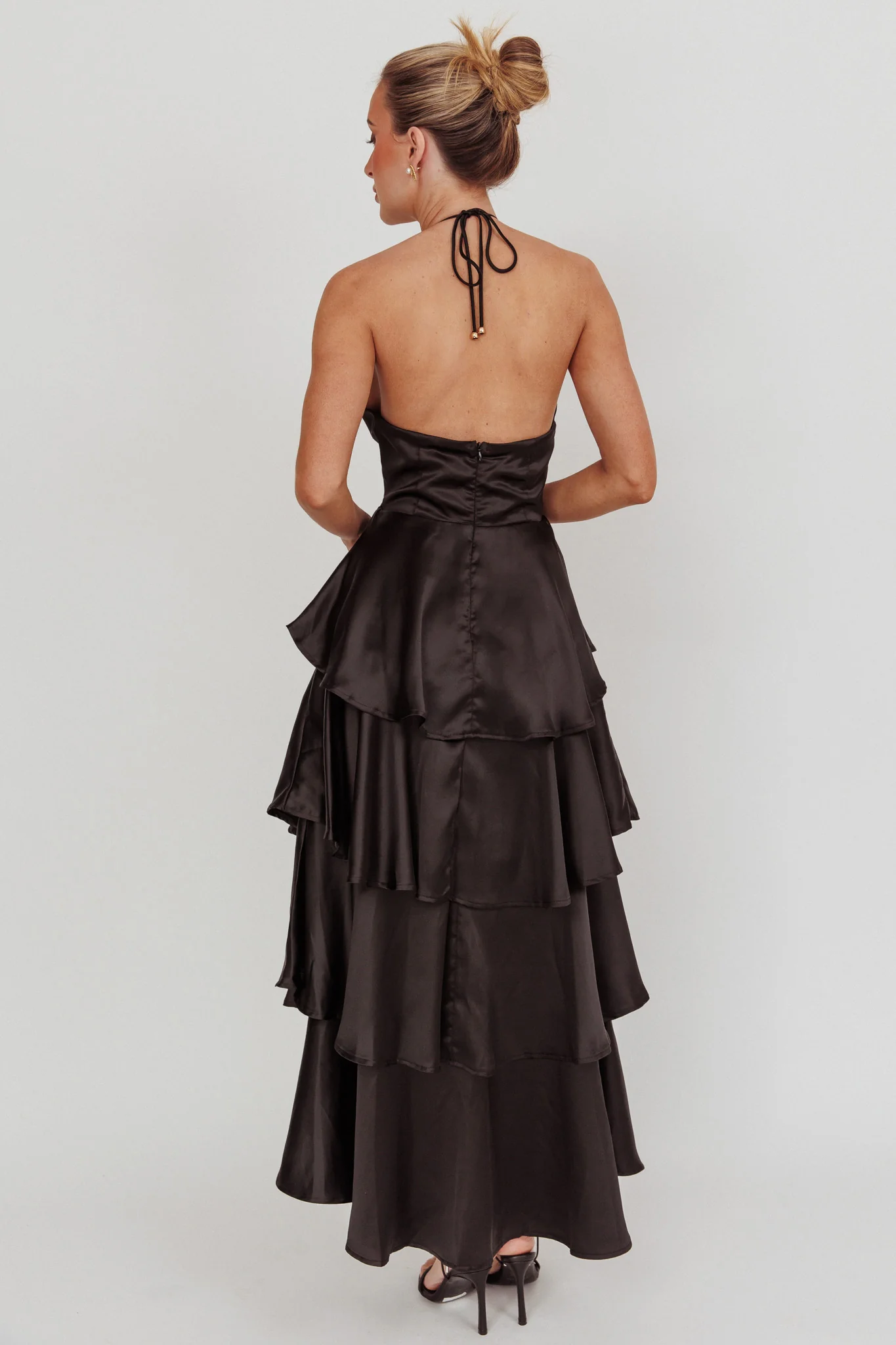 Catalina Tiered Ruffle Rosette Maxi Dress Black