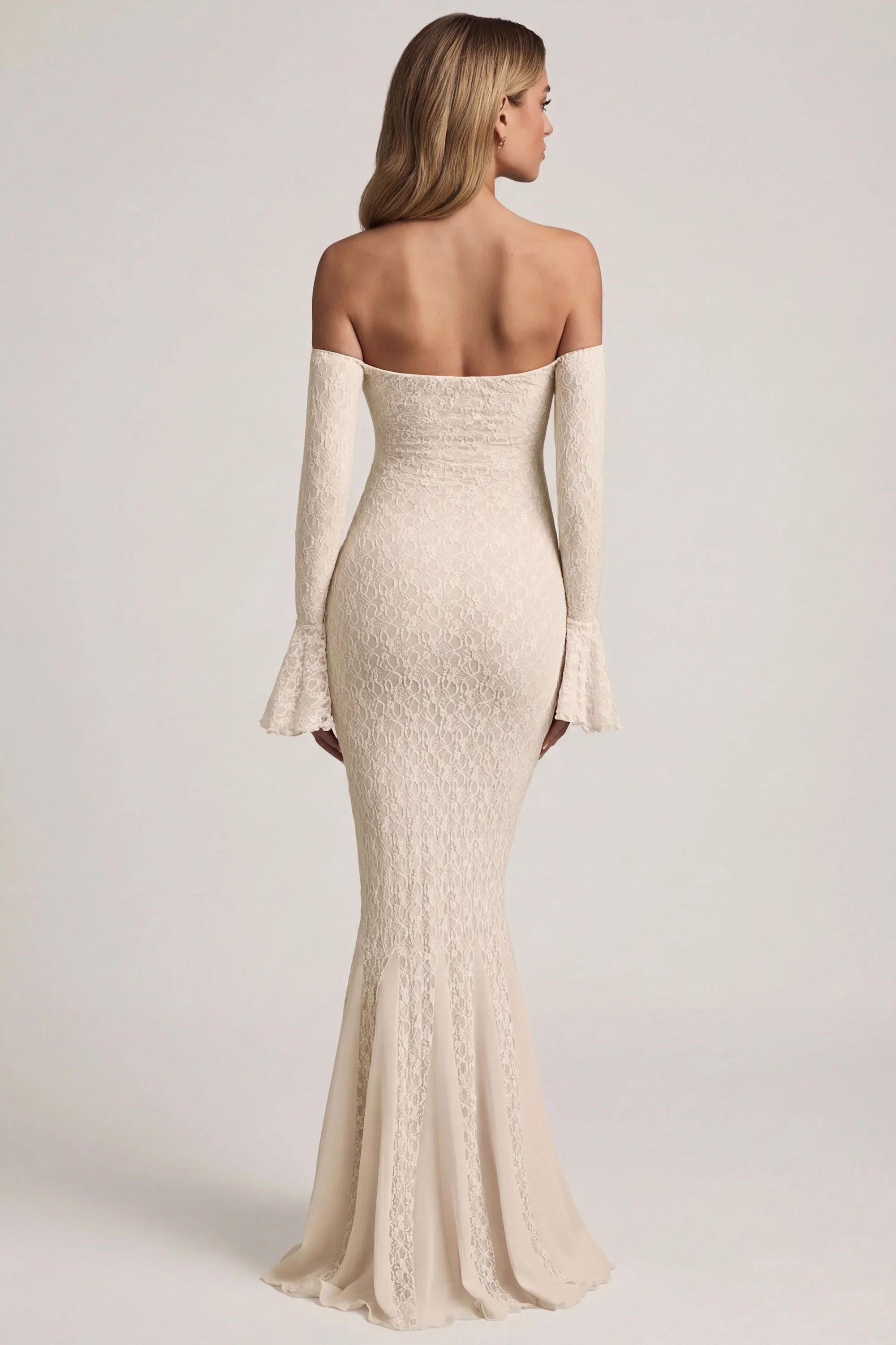 Off-Shoulder Ruffle Lace Maxi Dress in Ivory