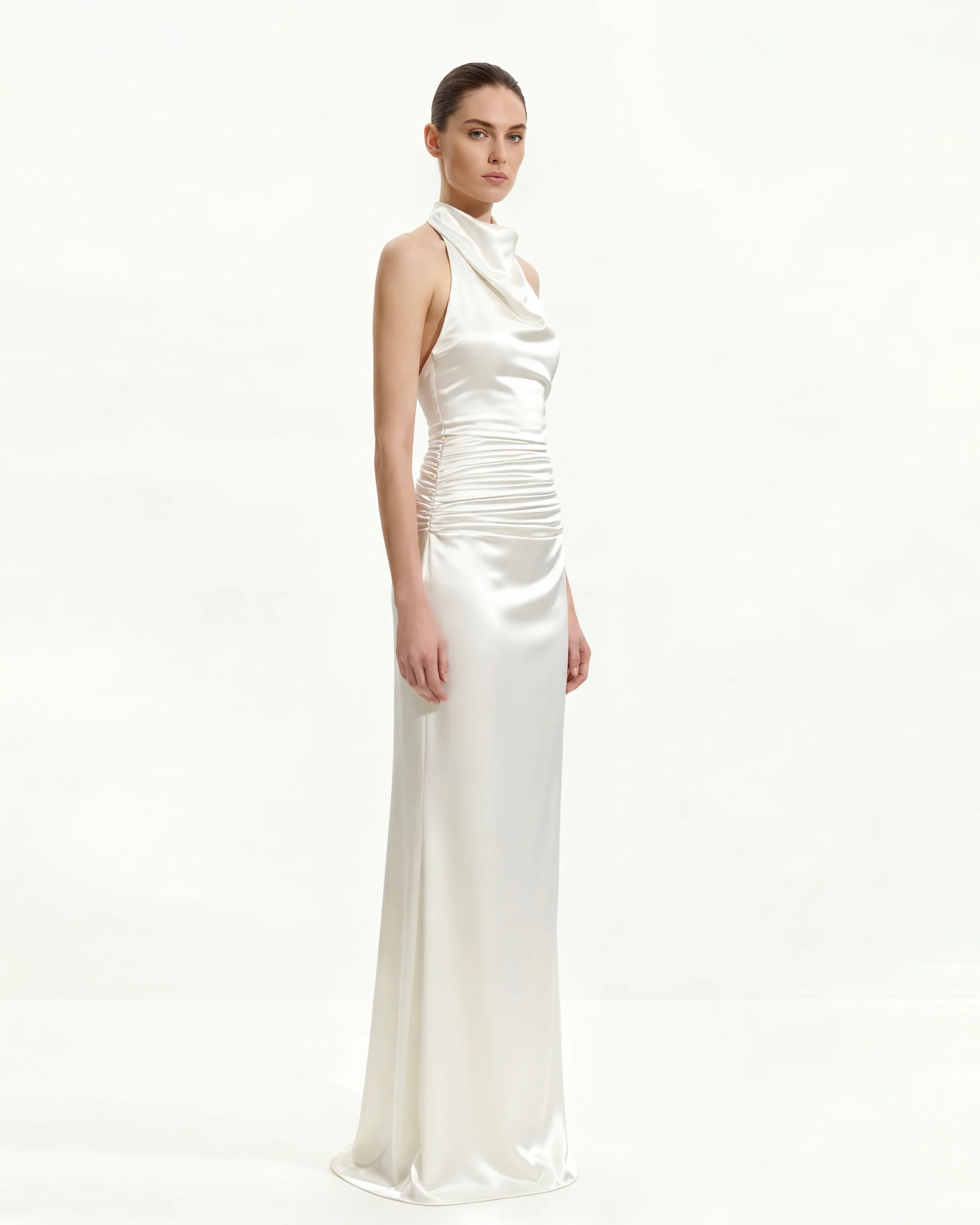 Satin Cowl Neck Ruched Maxi Gown - White - FASHION NOB