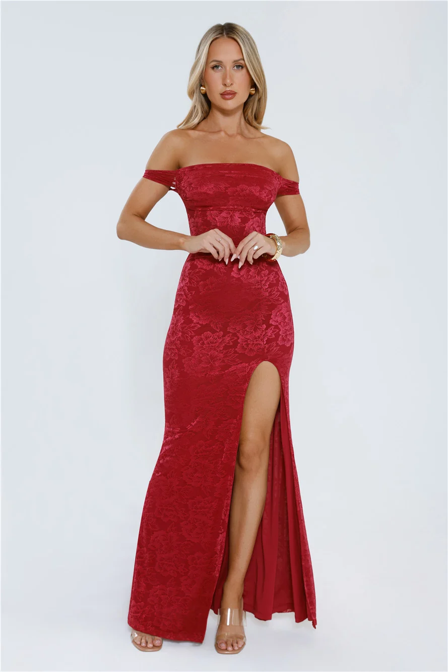 Night Bloom Off Shoulder Maxi Dress Burgundy