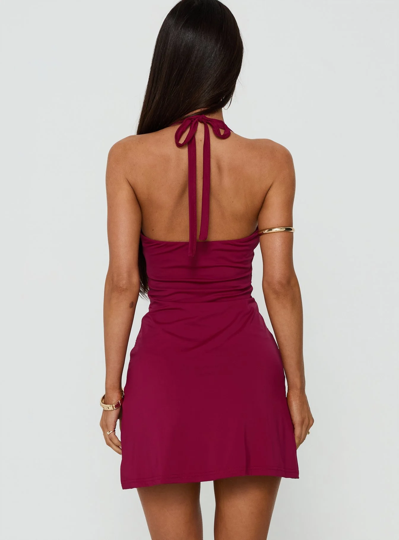 Kearney Ruched Tie Neck Mini Dress Wine - FASHION NOB