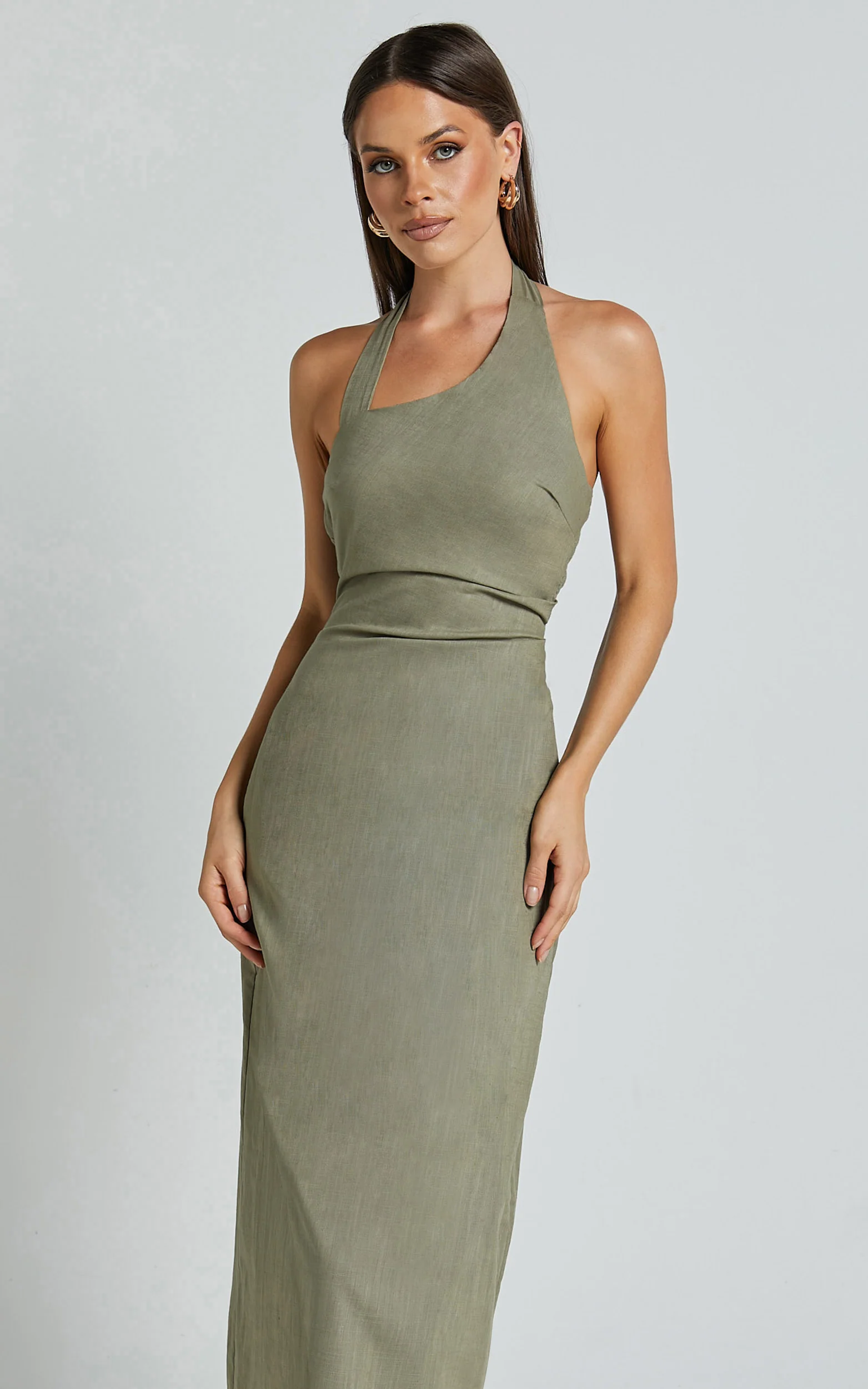 Lindley Midi Dress - Halter Neck Linen Look Dress in Olive