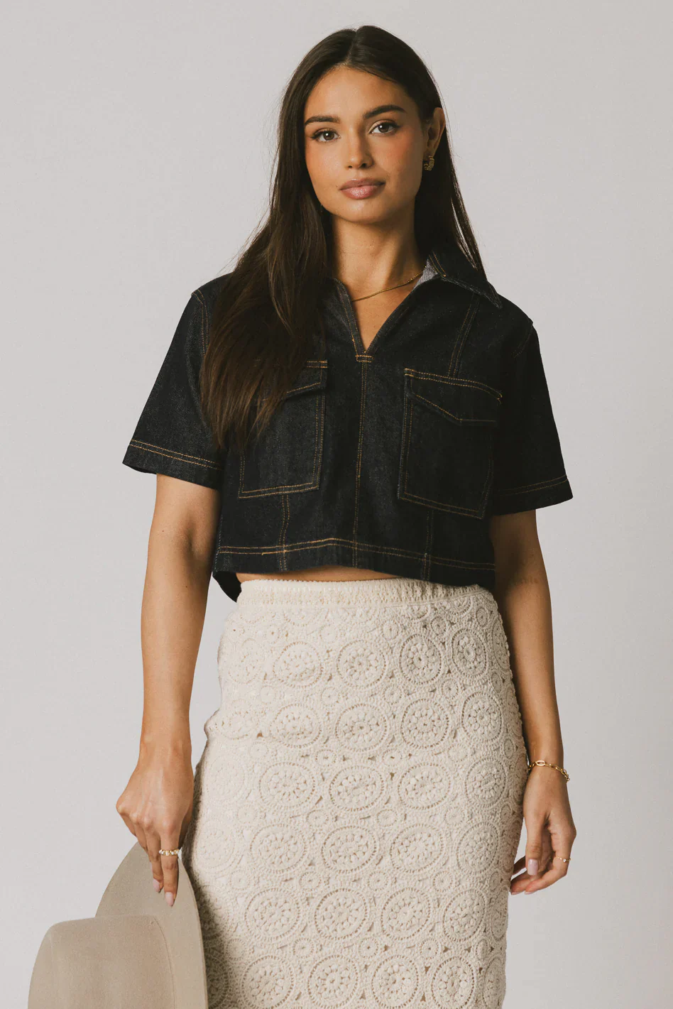 Farris Denim Collared Top in Dark Wash