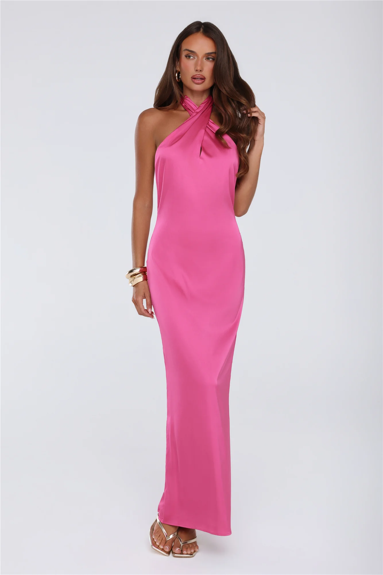 Outfit Energy Satin Halter Maxi Dress Pink