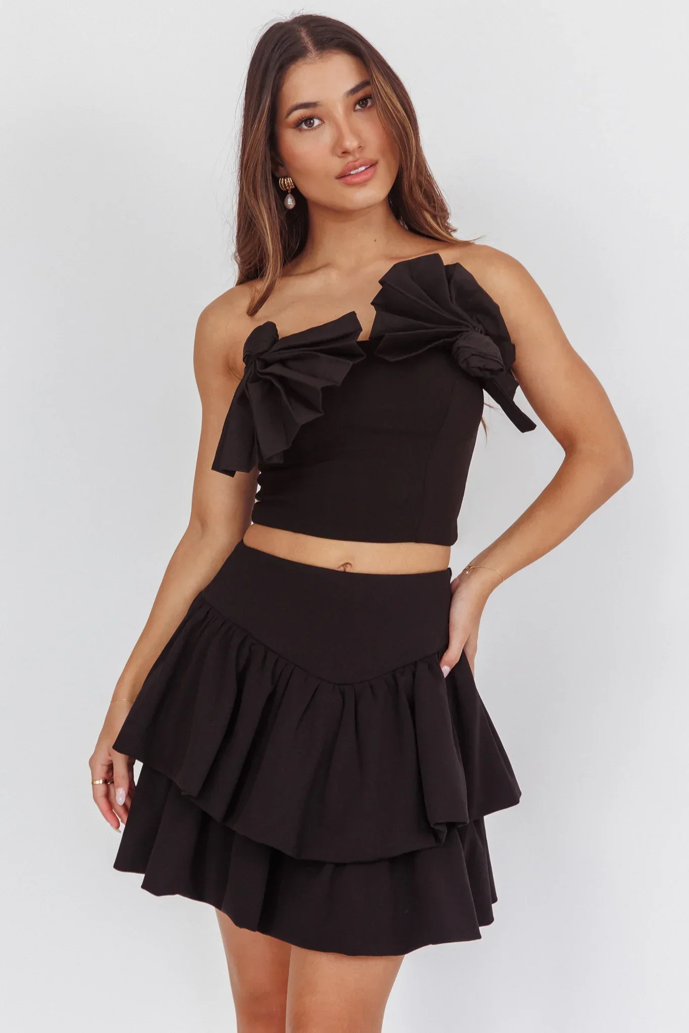 Deisi Concertina Layered Ruffle Mini Skirt Black - luluinthesky