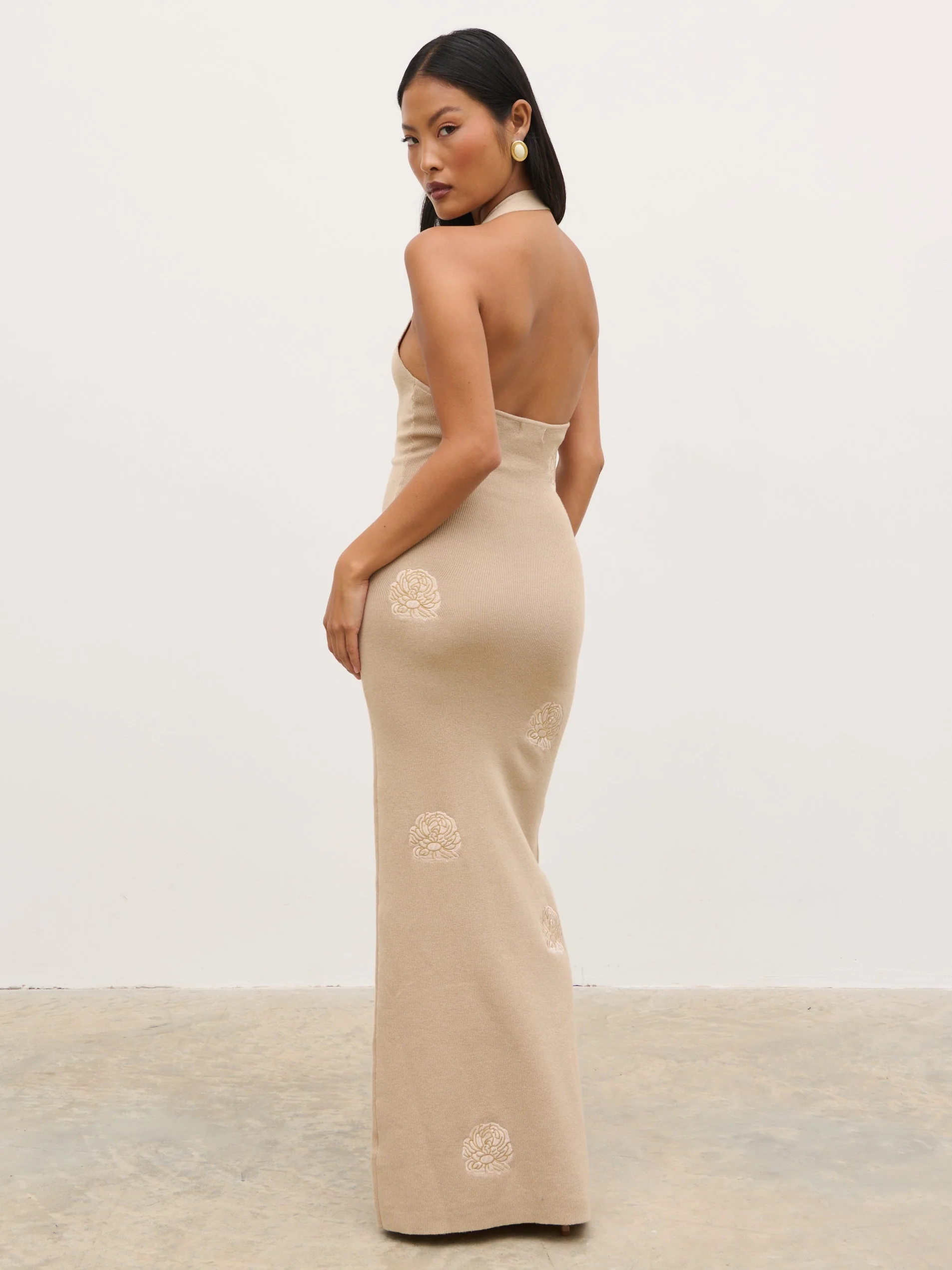 Cady Intarsia Halterneck Knit Maxi Dress - Beige