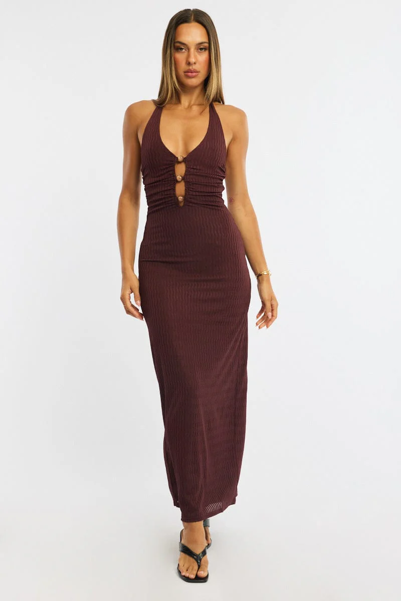 Brown Maxi Dress Beading Trim Textured Fabric