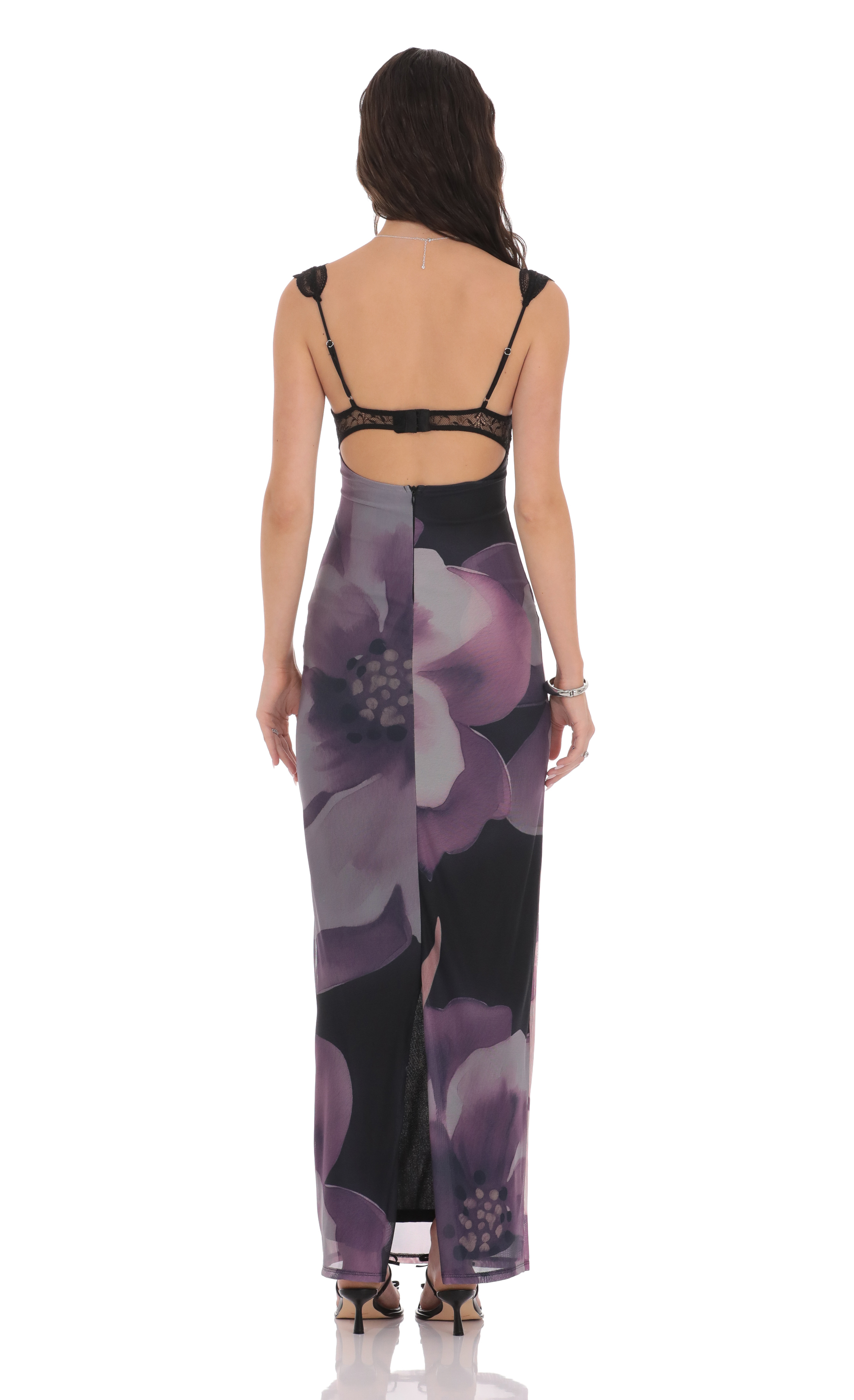 Cutout Lace Floral Maxi Dress in Purple