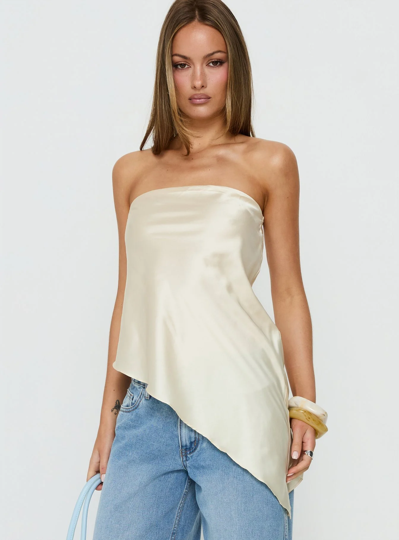 Keevah Strapless Satin Asymmetrical Top Lemon