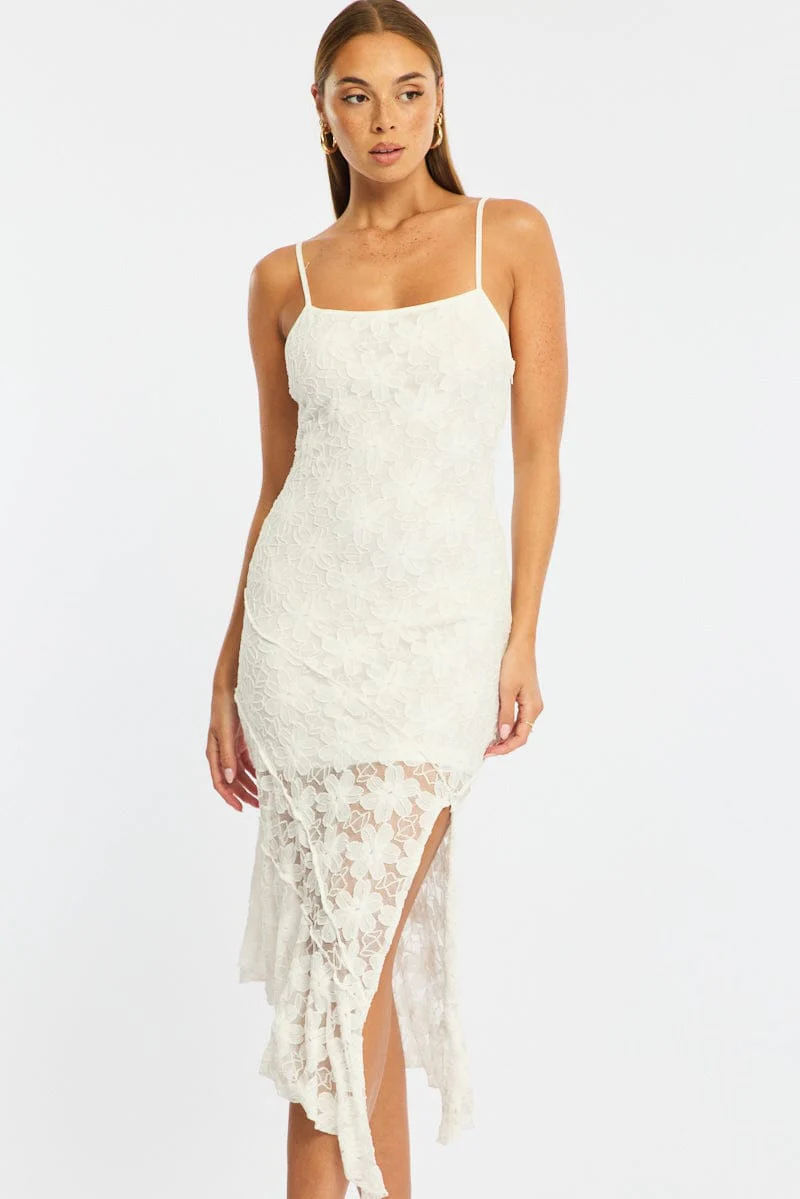 White Midi Dress Asymmetric Hem Lace