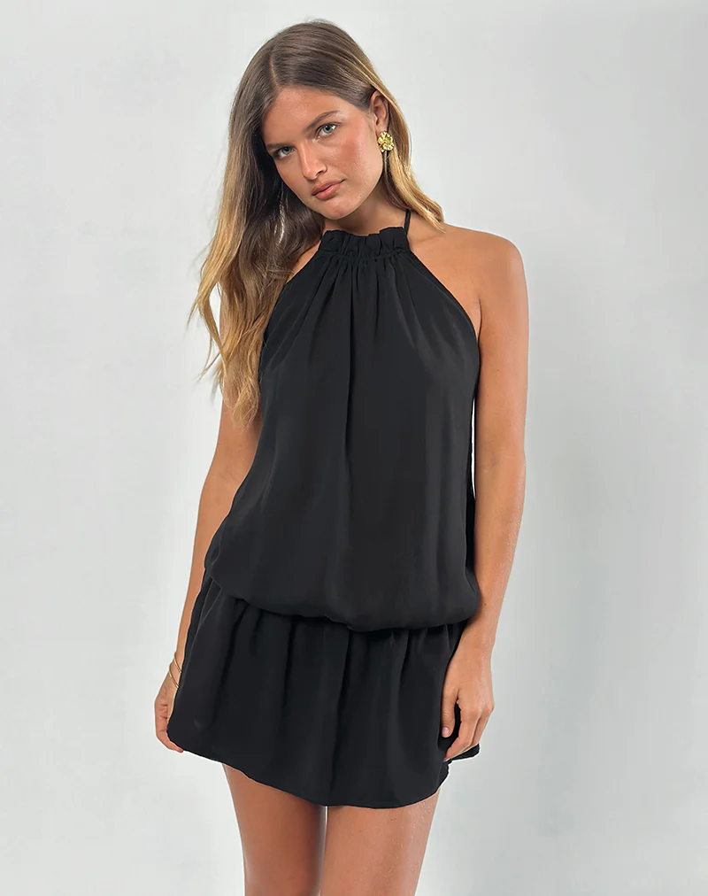 Veloria Halterneck Mini Dress in Black Chiffon with Lining