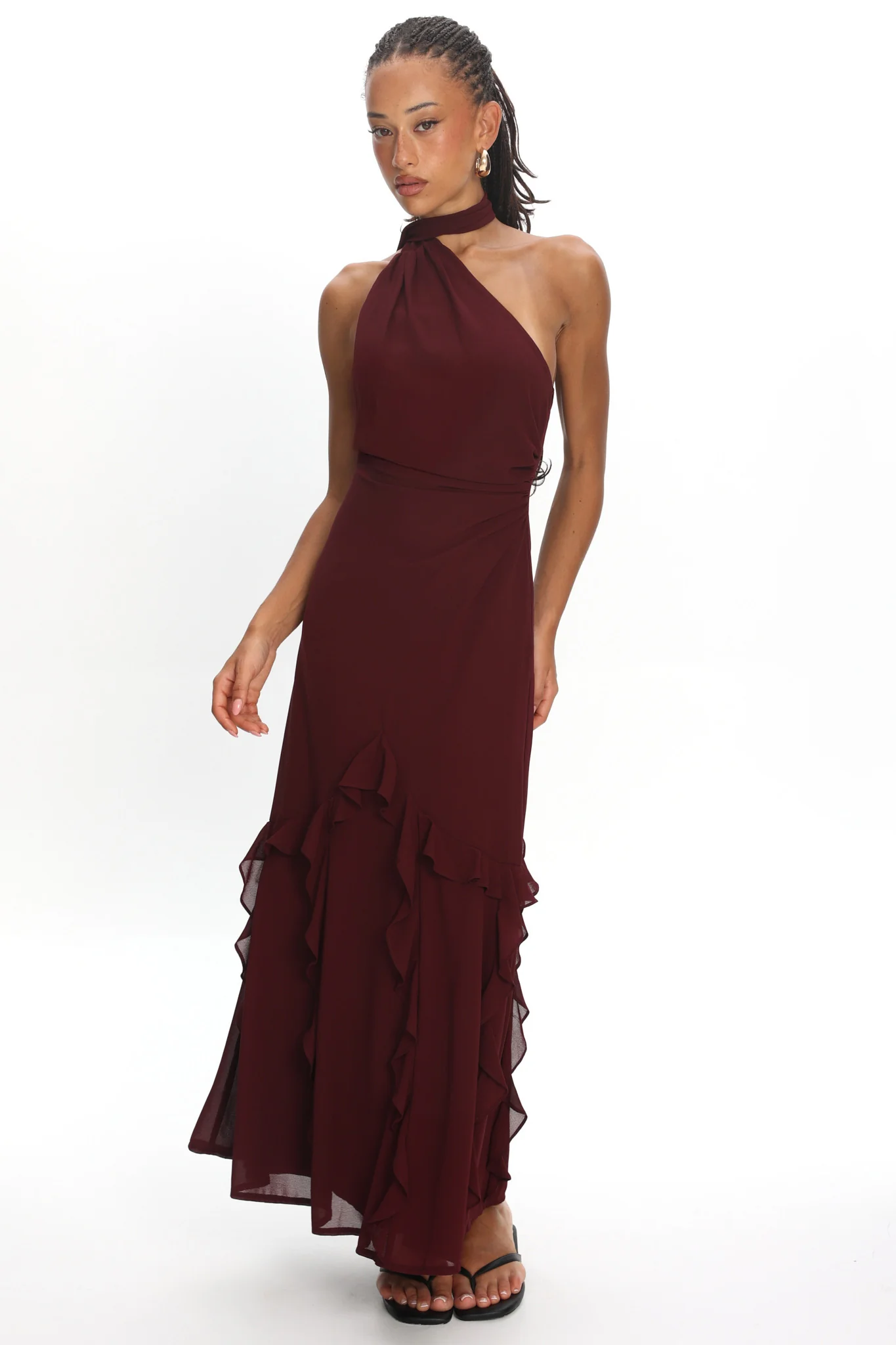 Lorielle One-Shoulder Ruffle Trim Maxi Dress Wine - luluinthesky